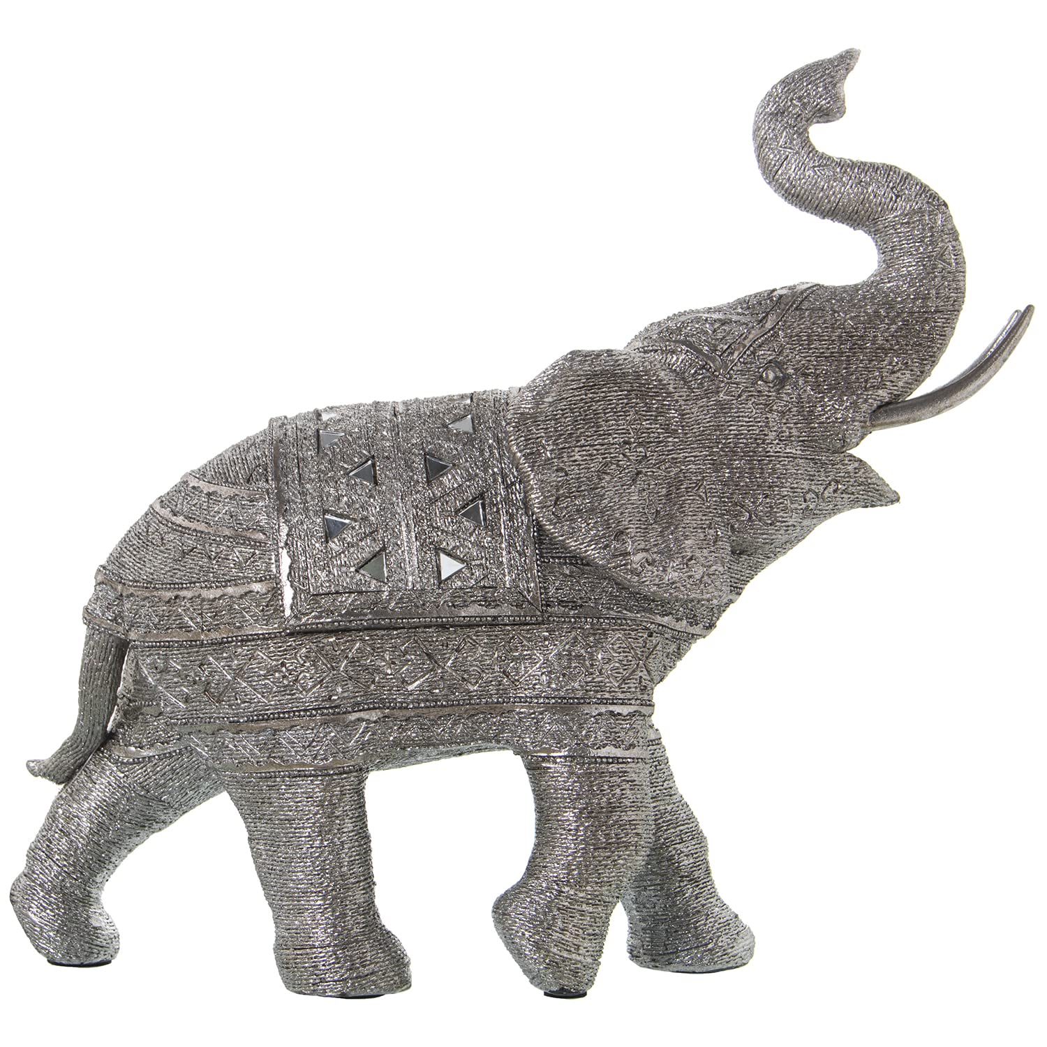 FIGURA RESINA ELEFANTE PLATEADO GRANULADO C/ESPEJITOS 38X15X35CM