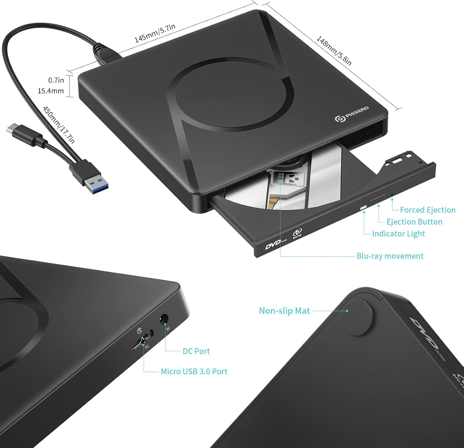 Phixero Masterizzatore Blu-ray 3D Portatile USB 3.0 - immagine 2