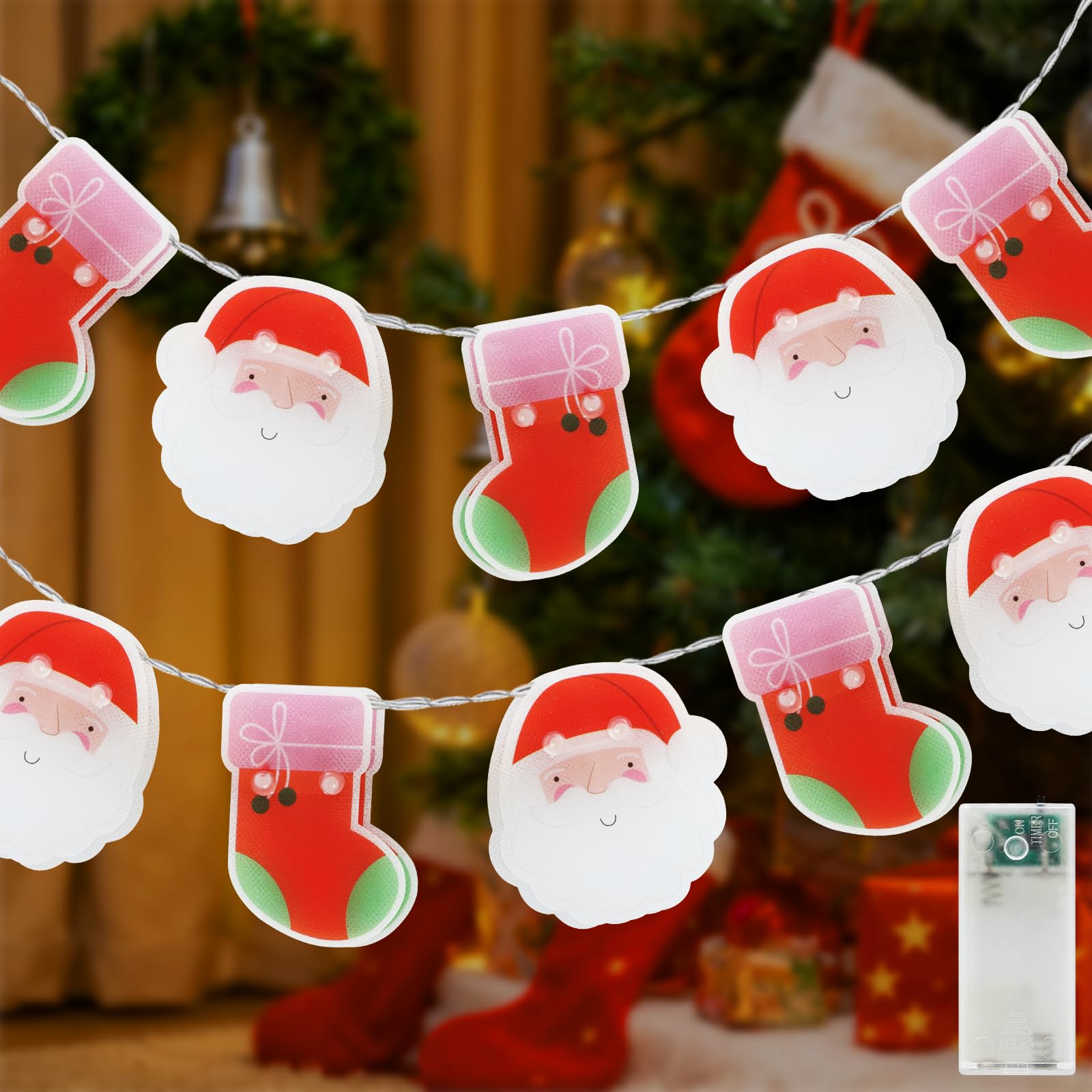 Catena luminosa natalizia interna a batteria, 1,65 m, 10 LED, Babbo Natale, decorazioni natalizie, catena luminosa con funzione timer, illuminazione natalizia bianco caldo per feste