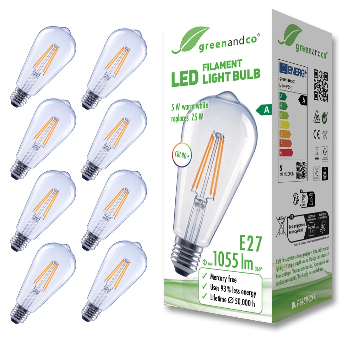 Greenandco 8 Lampadine Filamento LED E27 ST64 5W