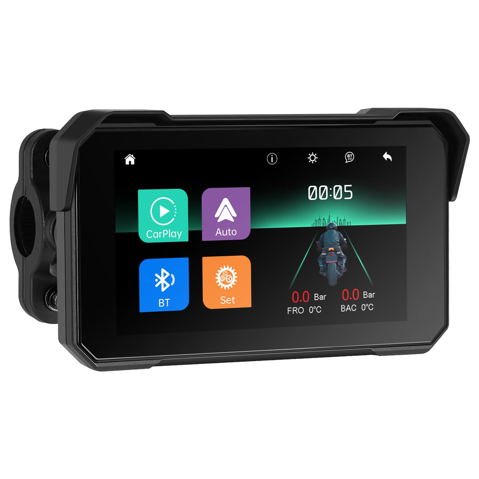 Rimoody Carplay Senza Fili Schermo per Moto 5 Pollici Touchscreen Autoradio Portatile per Moto, IP68 Impermeabile con Android Auto Bluetooth Rilevamento Della Pressione Degli Pneumatici 12V