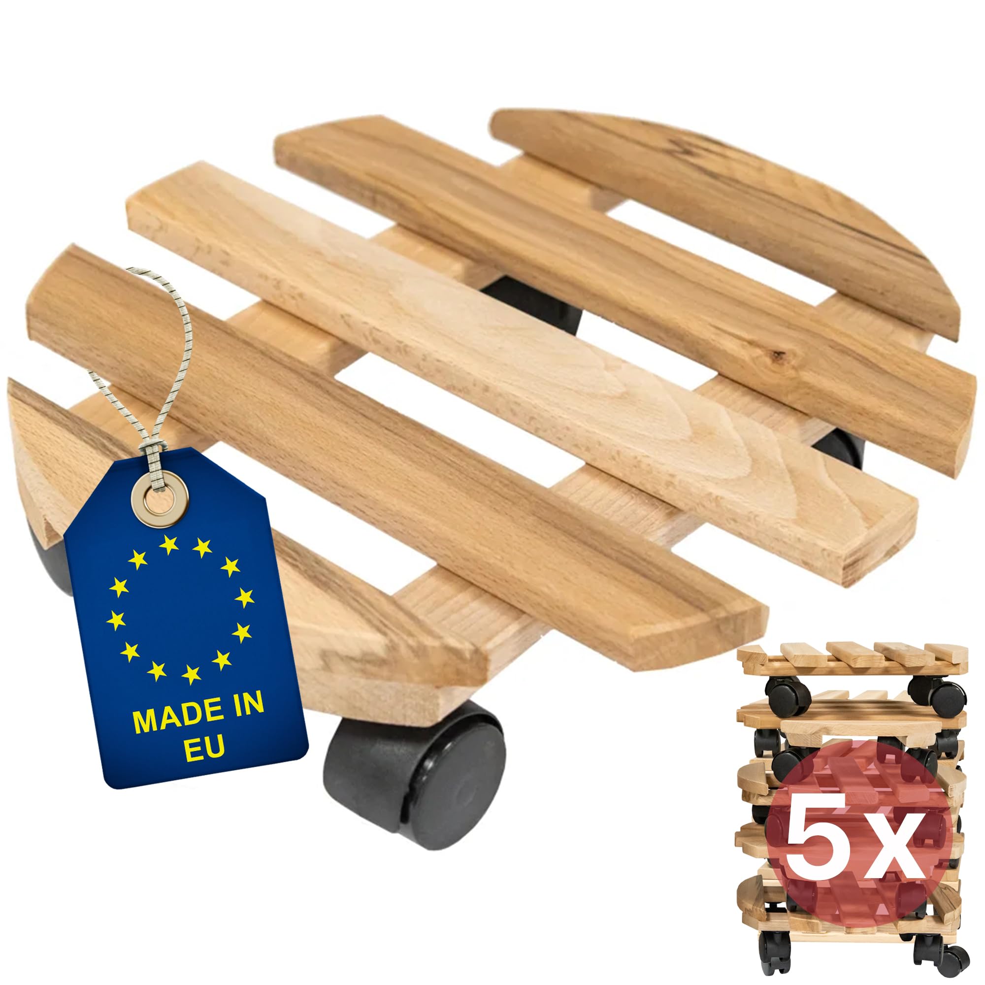 ITA Set 5 Supporti con Ruote per Piante Ø30cm in Legno