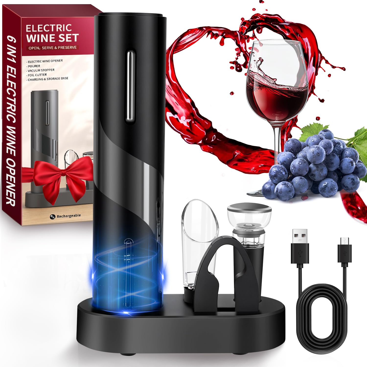 Hotec Cavatappi Elettrico, Apribottiglie Vino Automatico, Idea Regalo, Cavatappi Vino Con Tagliacapsule, Cavo USB, Beccuccio, Tappo Sottovuoto