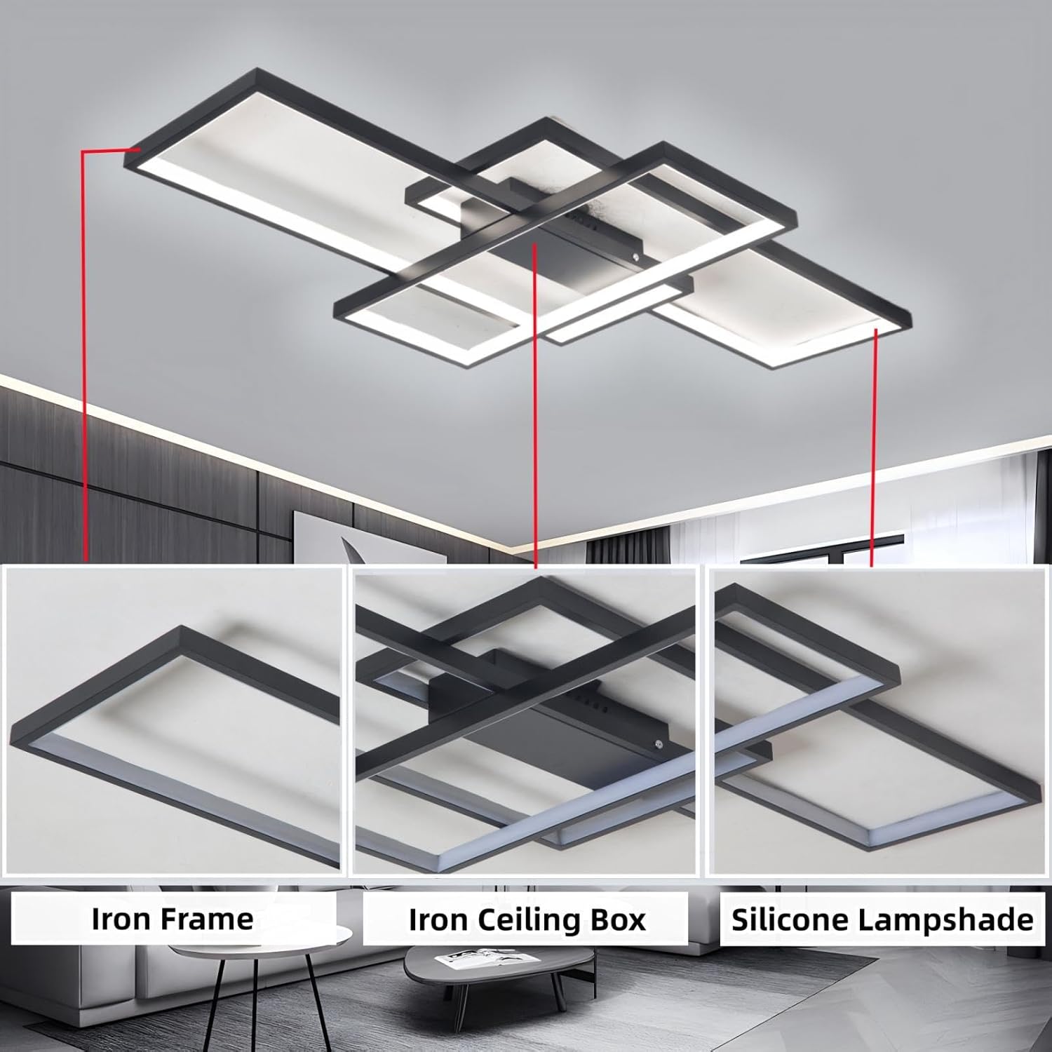 Jsz Lampada Soffitto LED Dimmerabile 90cm, Nero - immagine 3