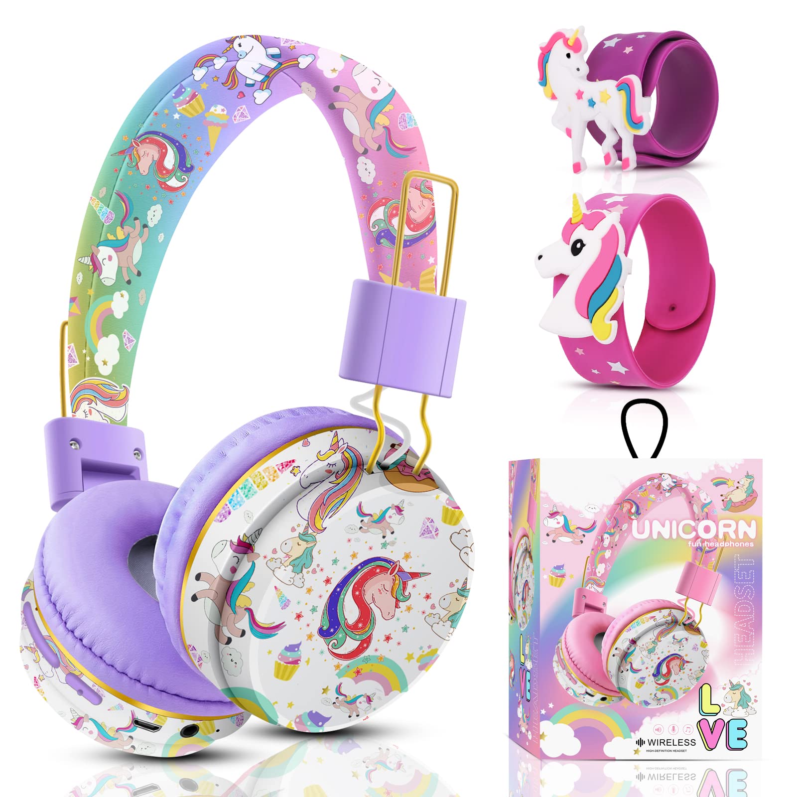 JYPS Cuffie Bluetooth Bambina, Unicorno Cuffie Bambini Senza Fili, Wireless Headphones Bluetooth Bambino Over Ear, Pieghevole Audio Stereo HD Ragazza per Musica, con Carte Slot