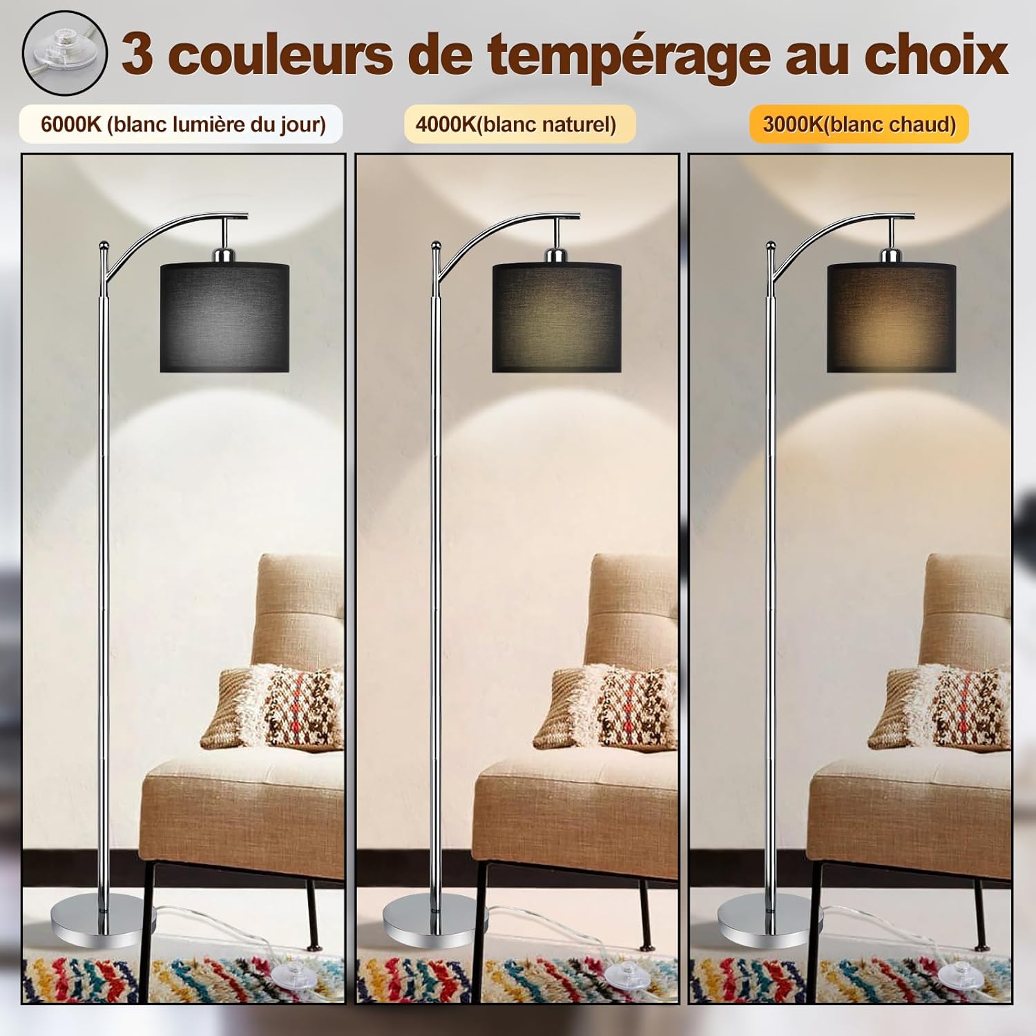 Depuly - Lampada da terra cromata + paralume nero - immagine 2