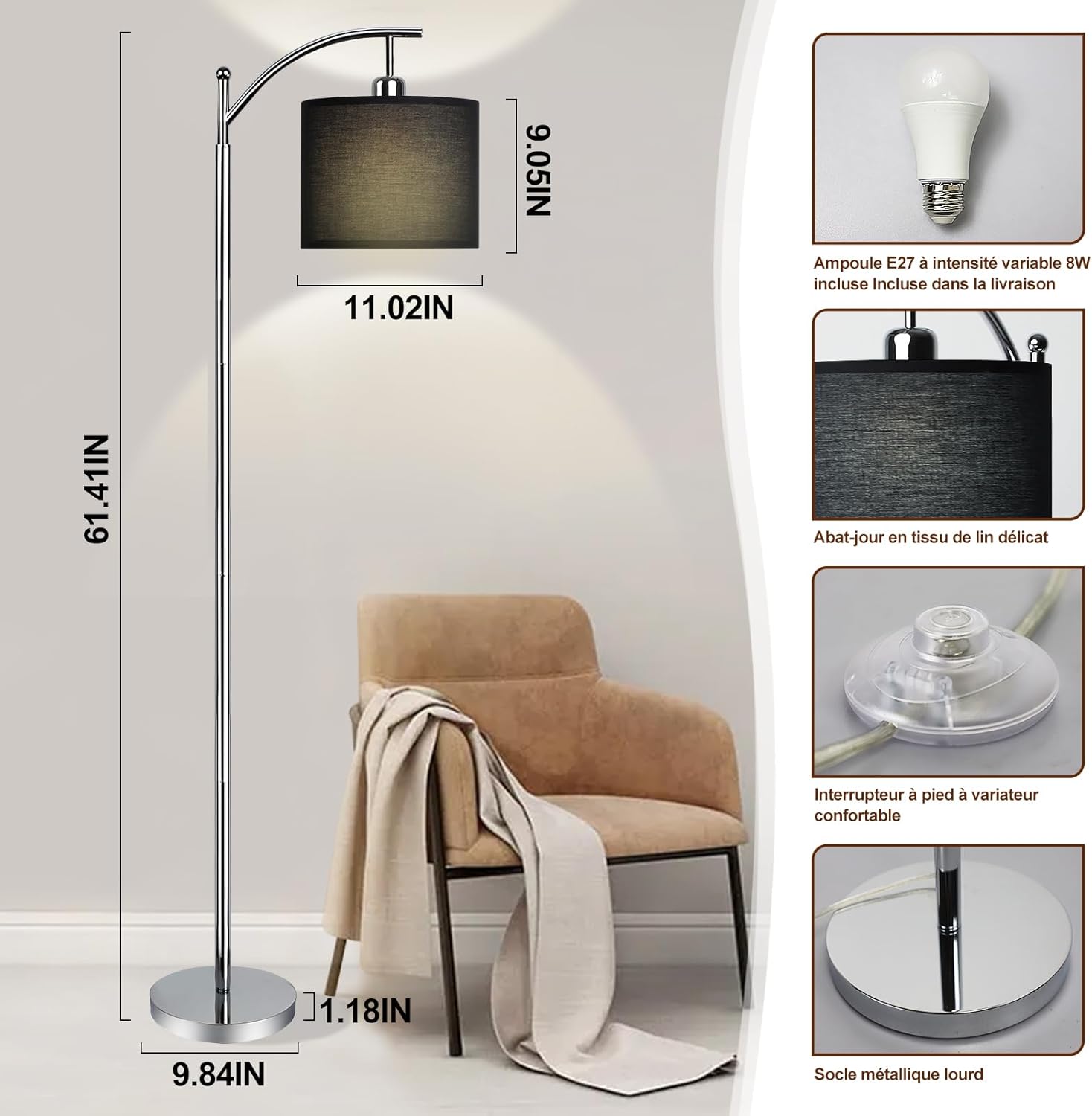 Depuly - Lampada da terra cromata + paralume nero - immagine 3