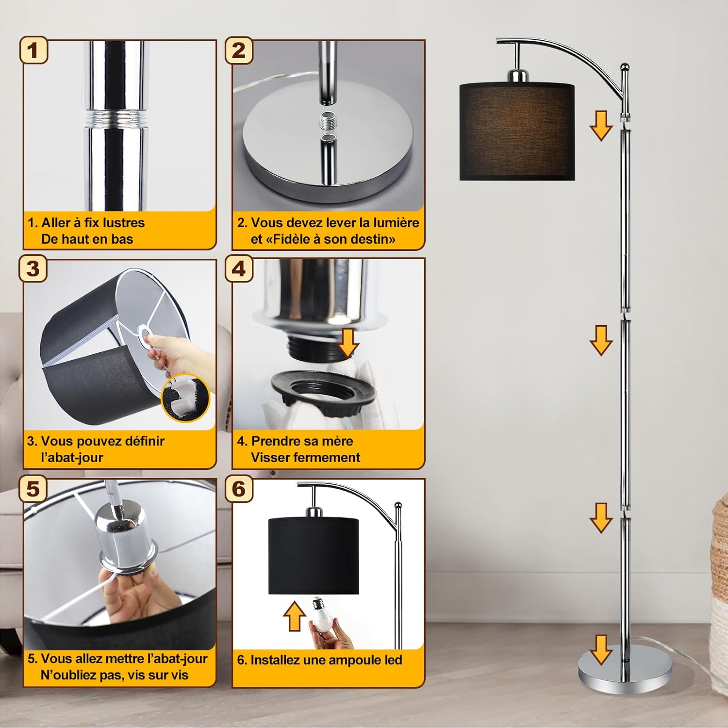 Depuly - Lampada da terra cromata + paralume nero - immagine 4