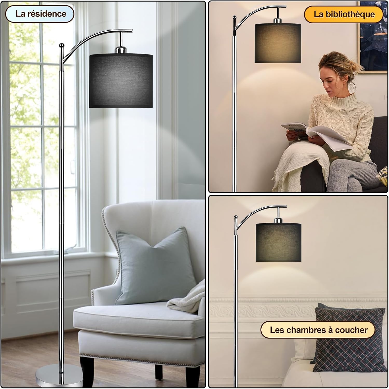 Depuly - Lampada da terra cromata + paralume nero - immagine 7