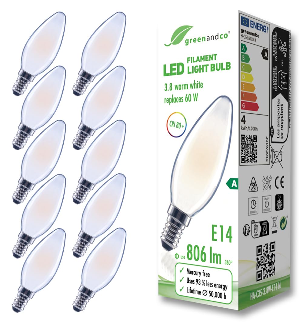 Greenandco 10 Lampadine Filamento LED E14 C35 3,8W