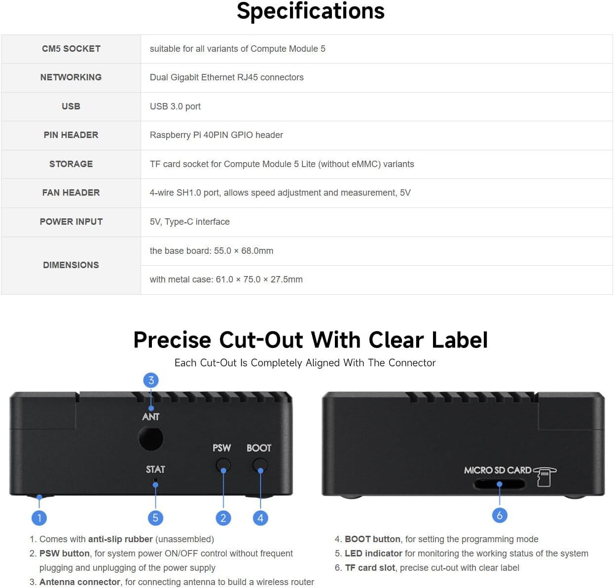 Waveshare Mini Dual Gigabit Ethernet Base Board, Mini-Computer Kit, Compatible with Raspberry Pi Compute Module 5 (NOT Included), for All Variants of CM5, Board Only - immagine 5