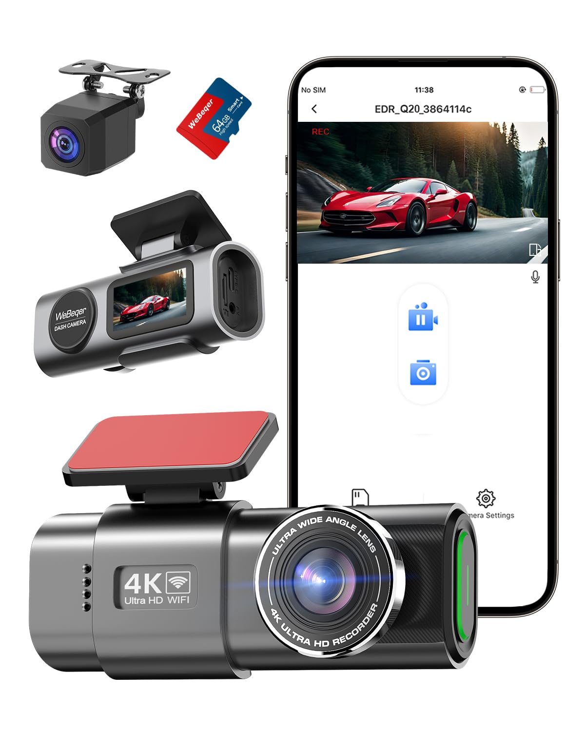Dash Cam Auto Anteriore e Posteriore 4K UHD+1080P
