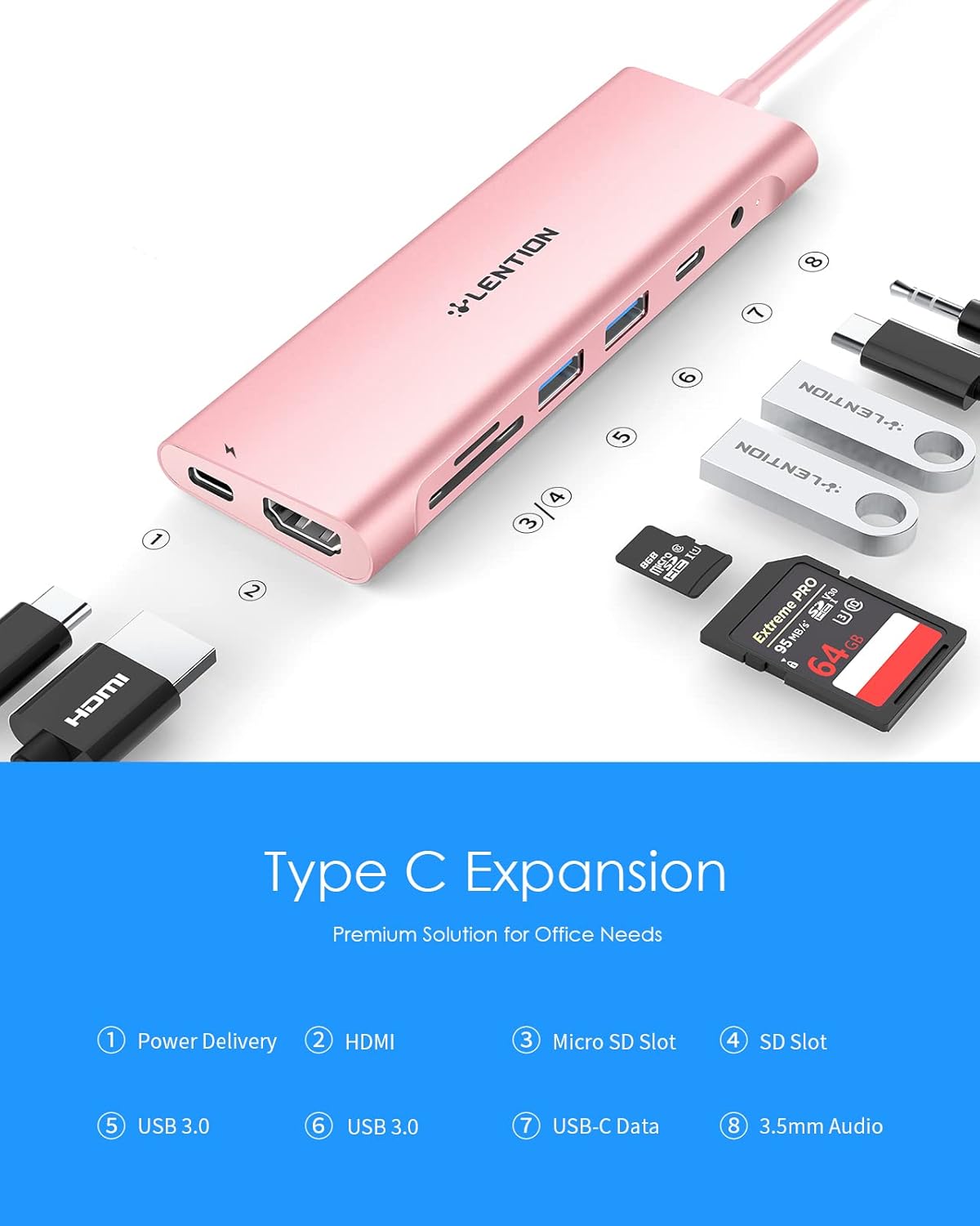 Lention Hub USB C 8-in-1 con HDMI 4K e PD 100W - immagine 3