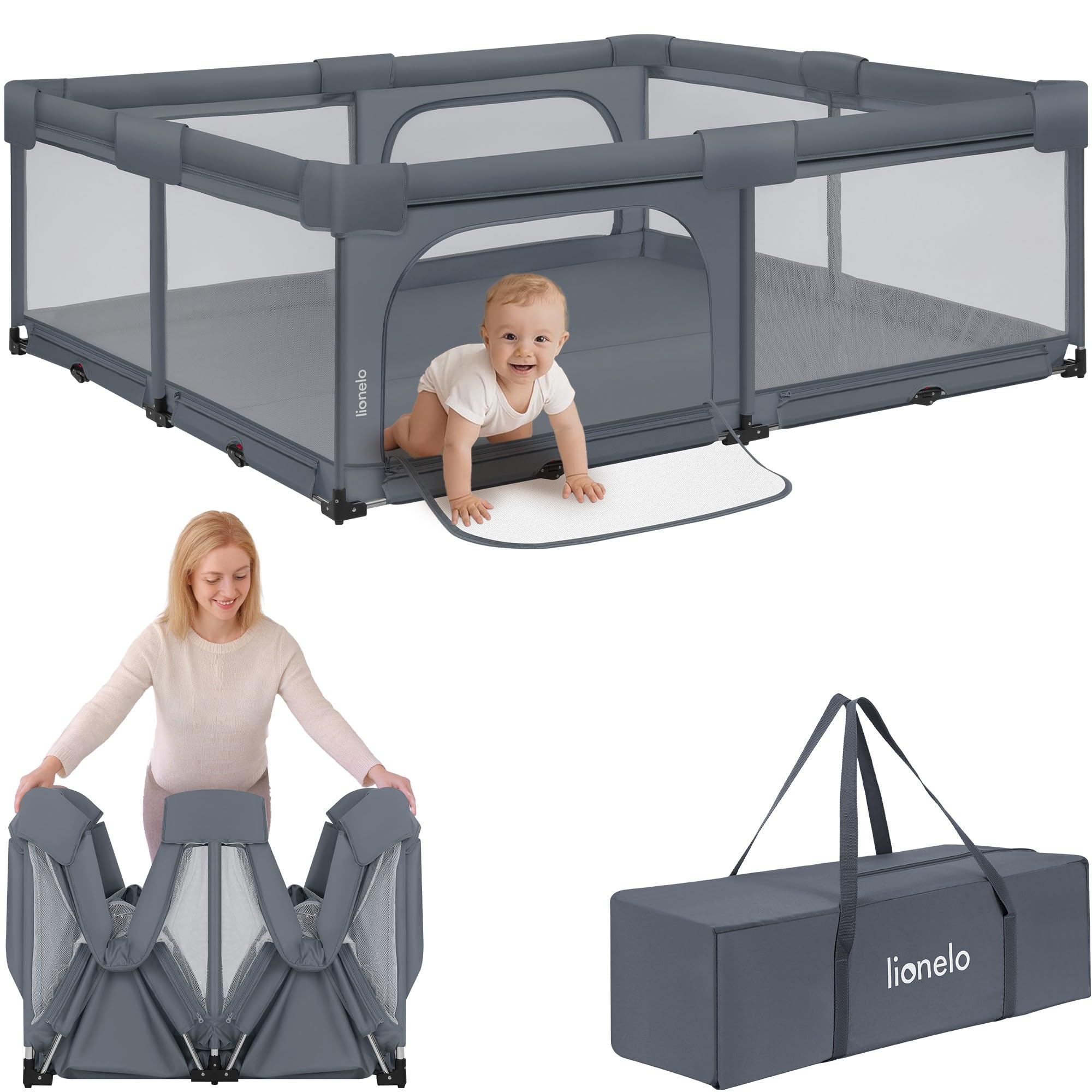 LIONELO Box Bambini 150 x 180 x 75 cm Florence Easy Fold, Rete Traspirante, Sicuro, Portatile, Facile da piegare, 2 Ingressi con Zip, Per bambini 0-4 anni (Grigio XL, 180 x 200 x 68 cm)