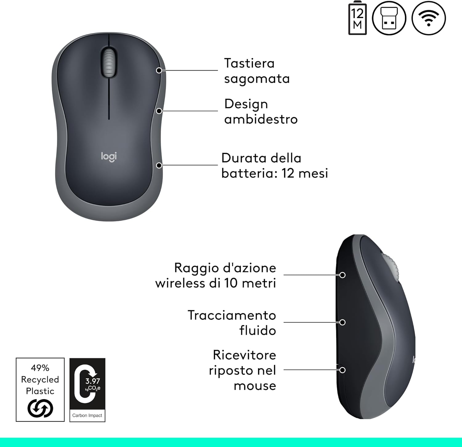 Logitech M185 Mouse Wireless 1000 DPI, Grigio - immagine 6