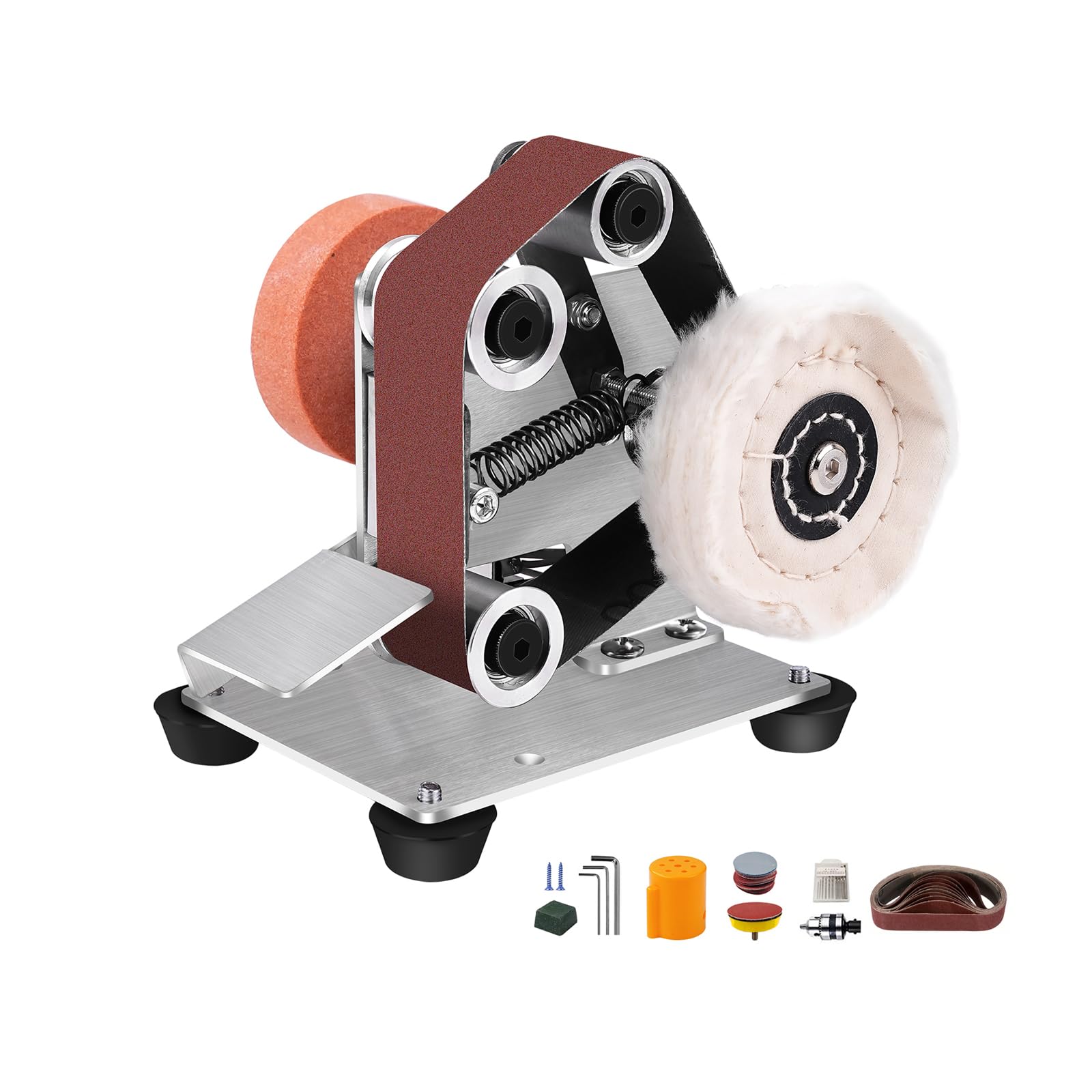 Levigatrice a Nastro Elettrica, lucidatrice Regolabile a 7 livelli, con 10 Nastri Abrasivi da 330x30 mm (P120/320/600/800/1000), Disco Abrasivo, Disco lucidante, Foglio lucidante e Punta da trapano