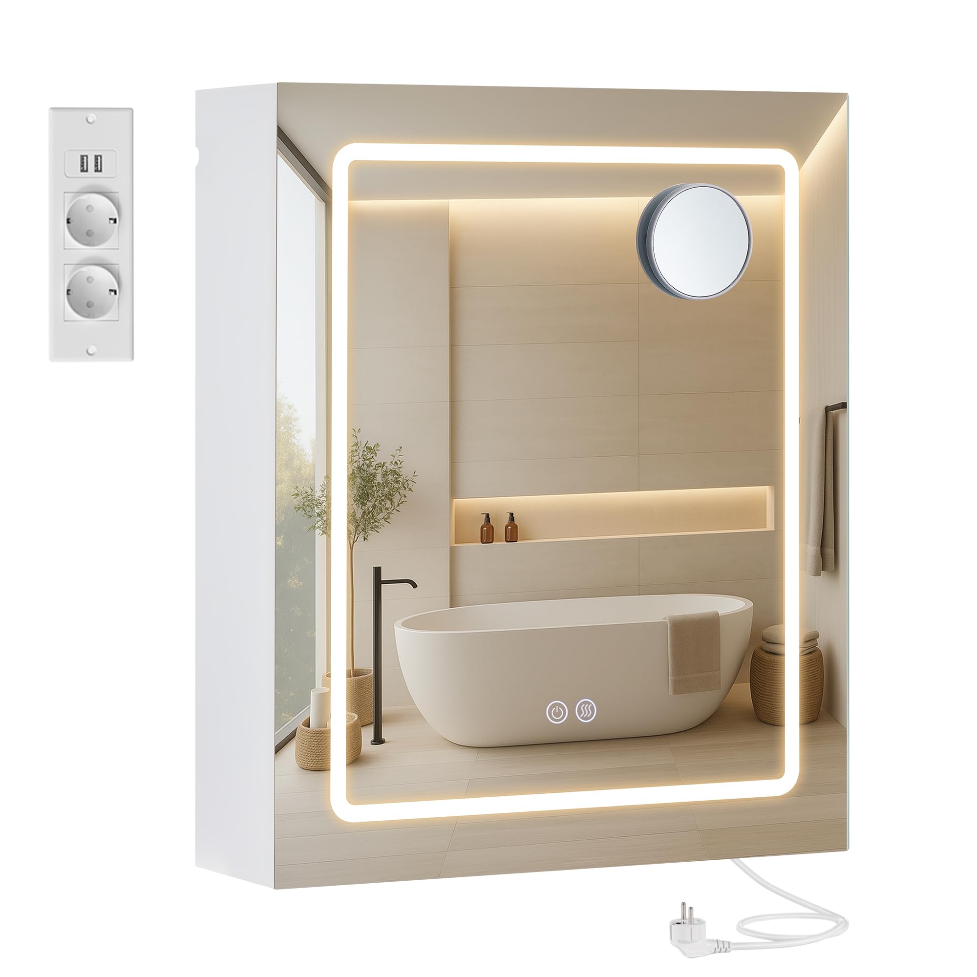 VASAGLE Kailyn Armadietto a Specchio Bagno con LED 16,5x50x60cm, Bianco