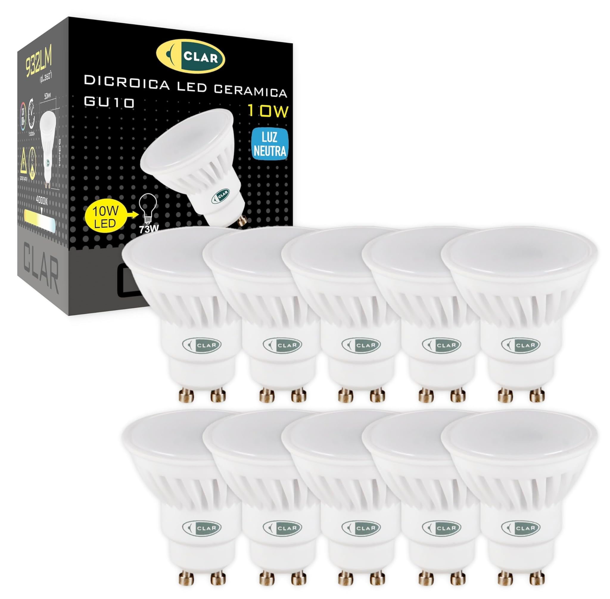 CLAR - Lampadine LED GU10 10W, Luce Neutro 4000K (Pack 10)