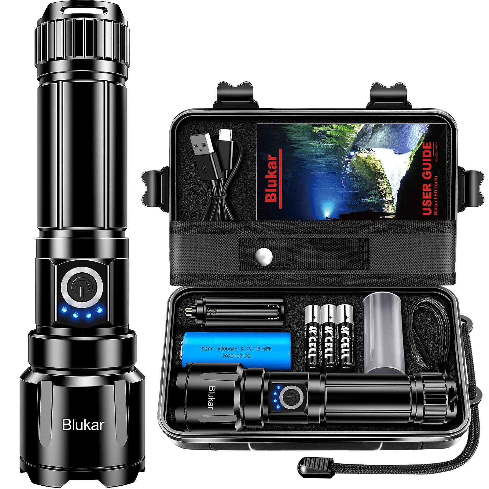 Blukar Torcia LED Potente Ricaricabile IP67