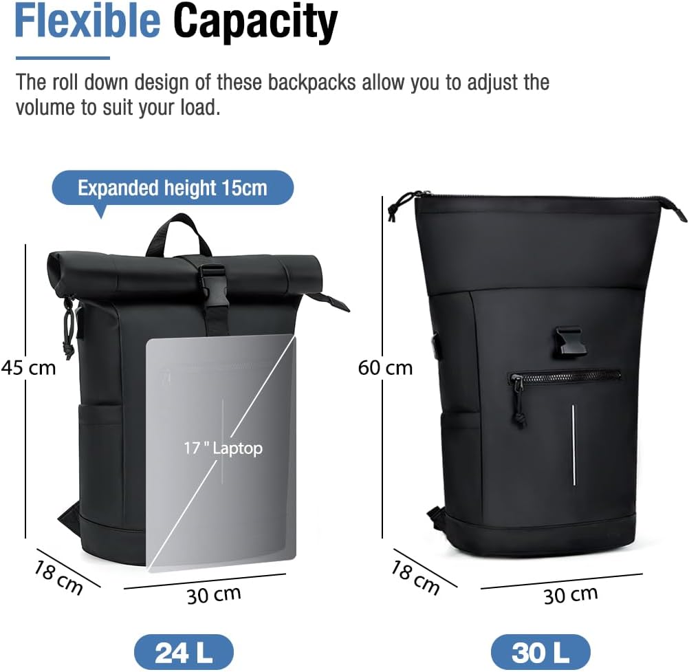 Lekeinchi Zaino Rolltop Uomo Donna Porta PC 17 Pollici, Nero XL - immagine 2