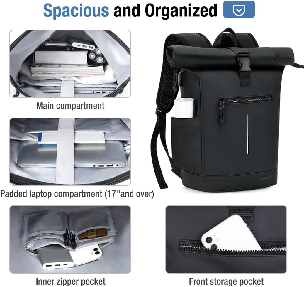 Lekeinchi Zaino Rolltop Uomo Donna Porta PC 17 Pollici, Nero XL - immagine 3