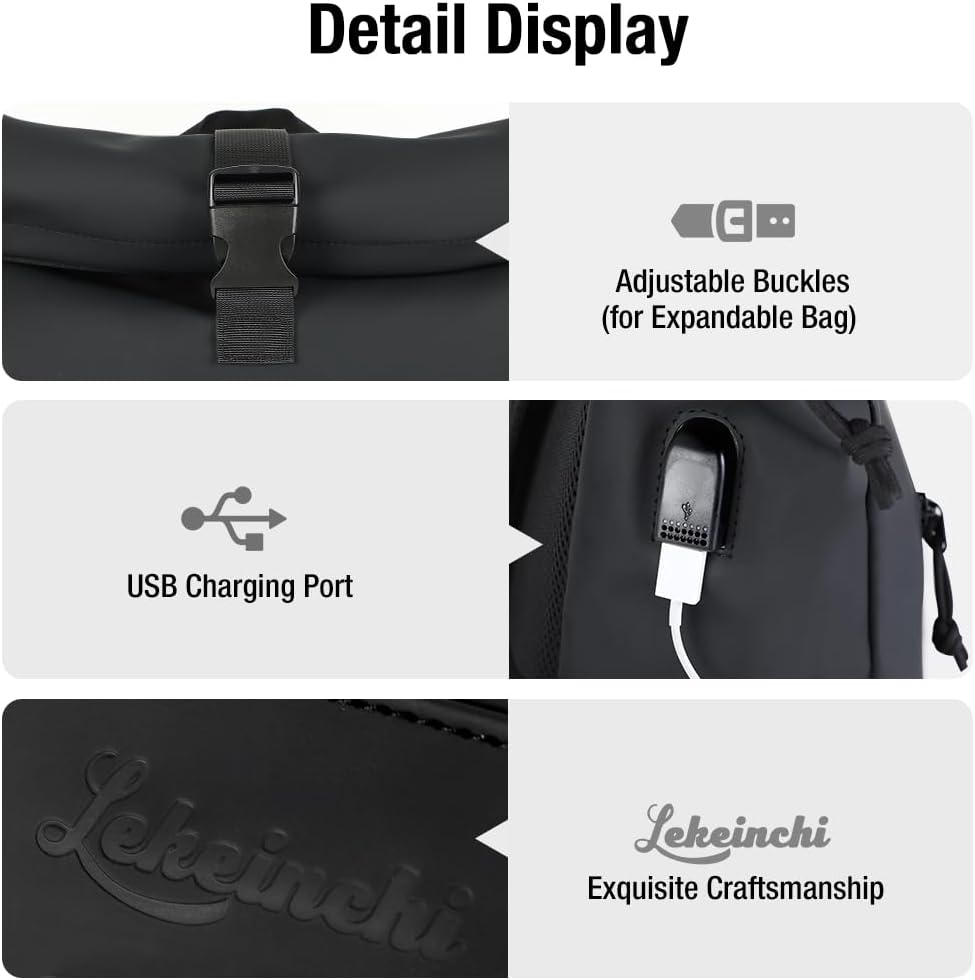 Lekeinchi Zaino Rolltop Uomo Donna Porta PC 17 Pollici, Nero XL - immagine 4