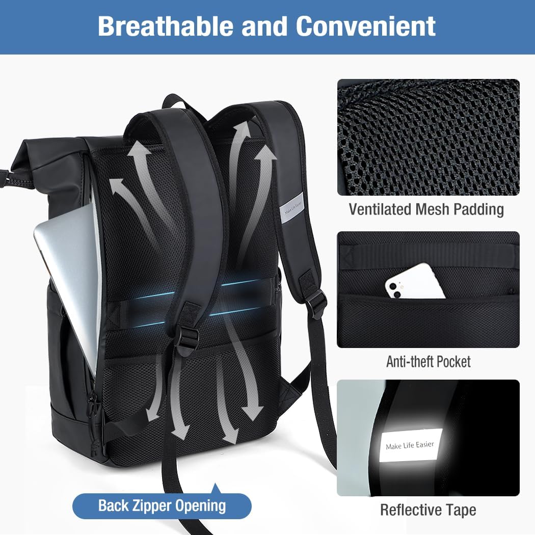 Lekeinchi Zaino Rolltop Uomo Donna Porta PC 17 Pollici, Nero XL - immagine 5