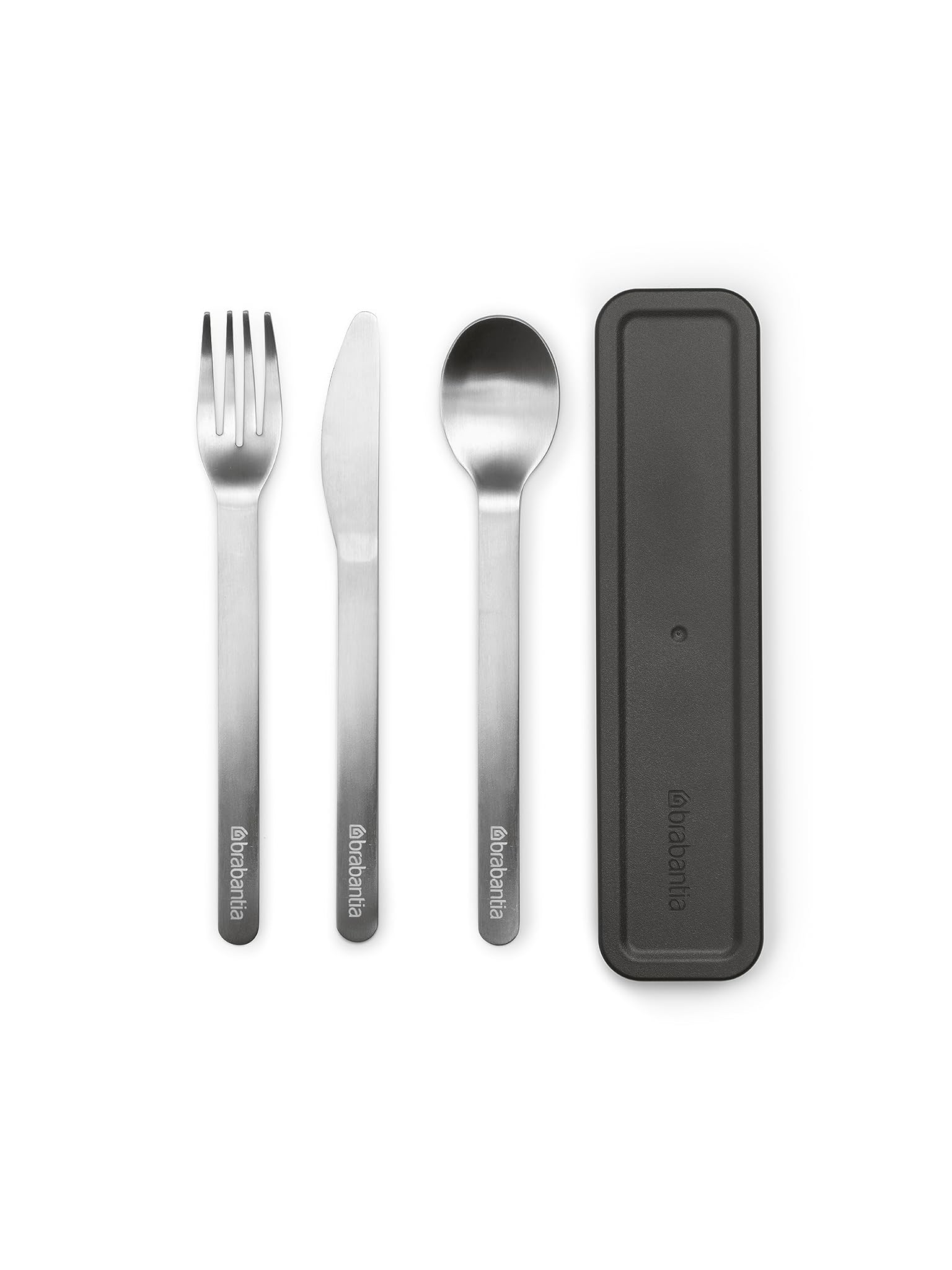 Brabantia - Make & Take Set di 3 Posate con Custodia - Coltello, Cucchiaio & Forchetta - Design Igienico & Compatto - Acciaio Inox - Adatto per Lavastoviglie - Set di Posate da Viaggio - Dark Grey