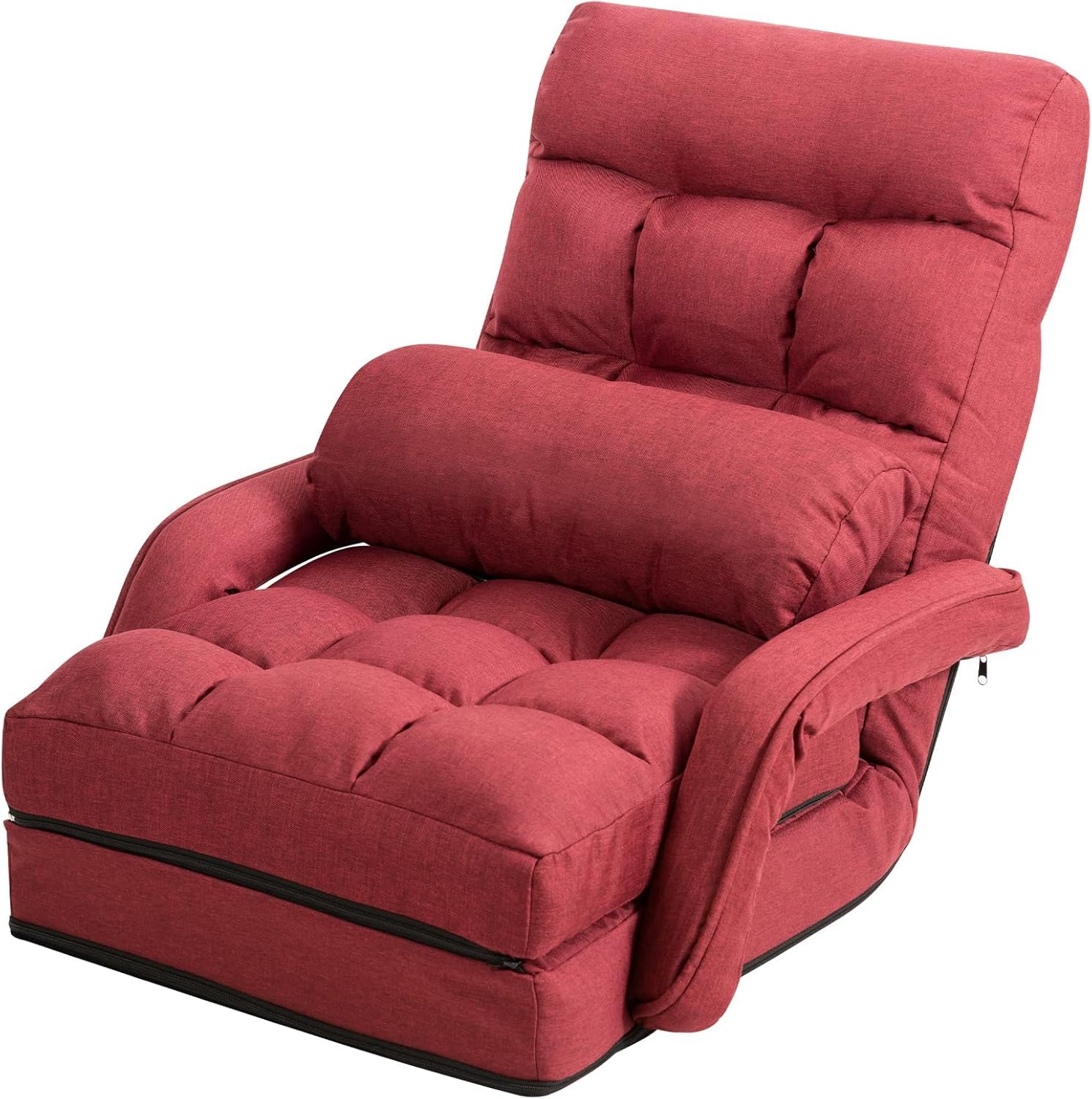 FANTASK Sedia da pavimento con schienale regolabile, divano da pavimento con funzione sleep in rosso, divano pieghevole imbottito con braccioli e cuscini, poltrona da pavimento