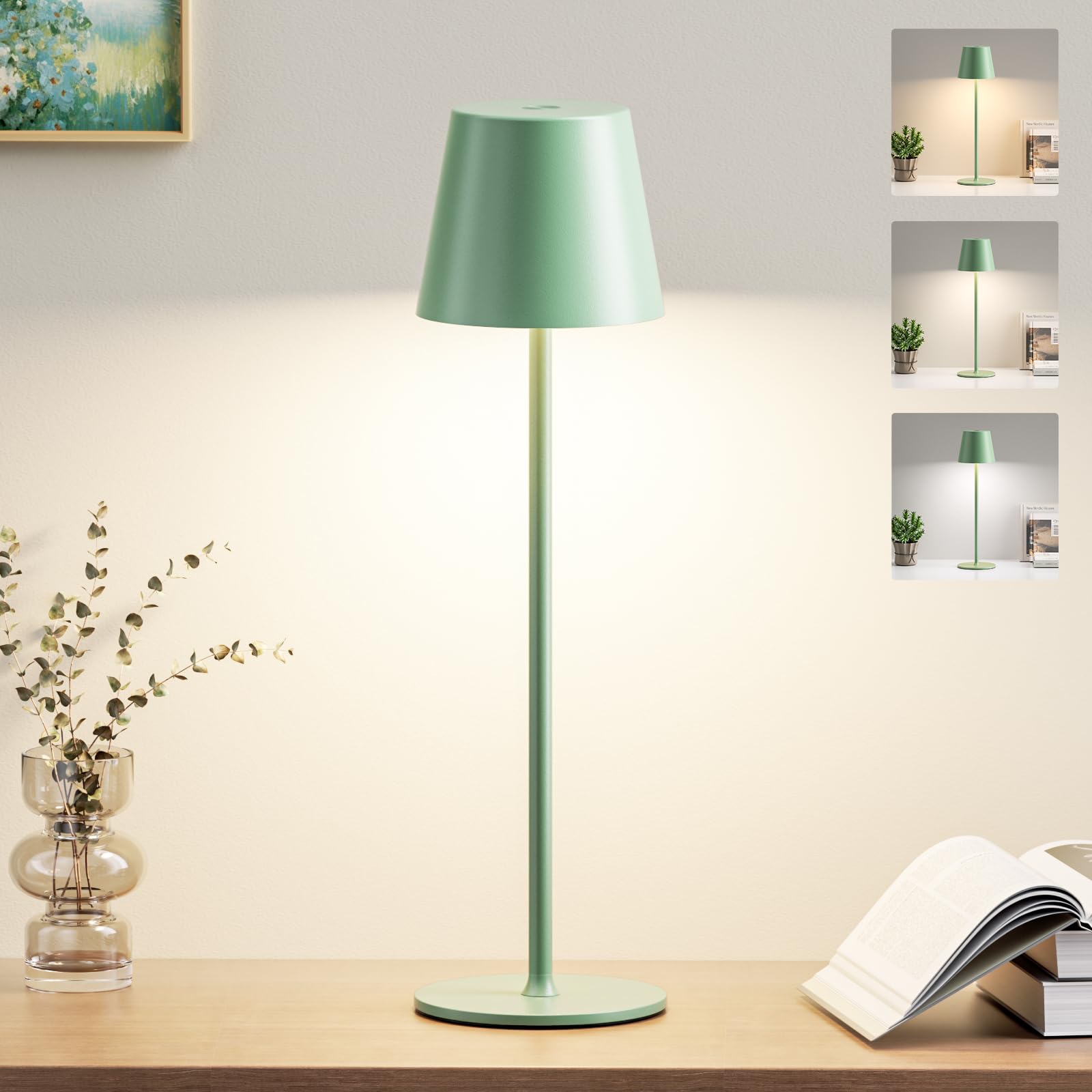 Lampada da Tavolo Senza Fili LED Dimmerabile, 3 Modalità di Colore, Lampada da Comodino Touch Ricaricabile per Camera da Letto, Soggiorno, Campeggio all'aperto Esterno Verande(Verde)