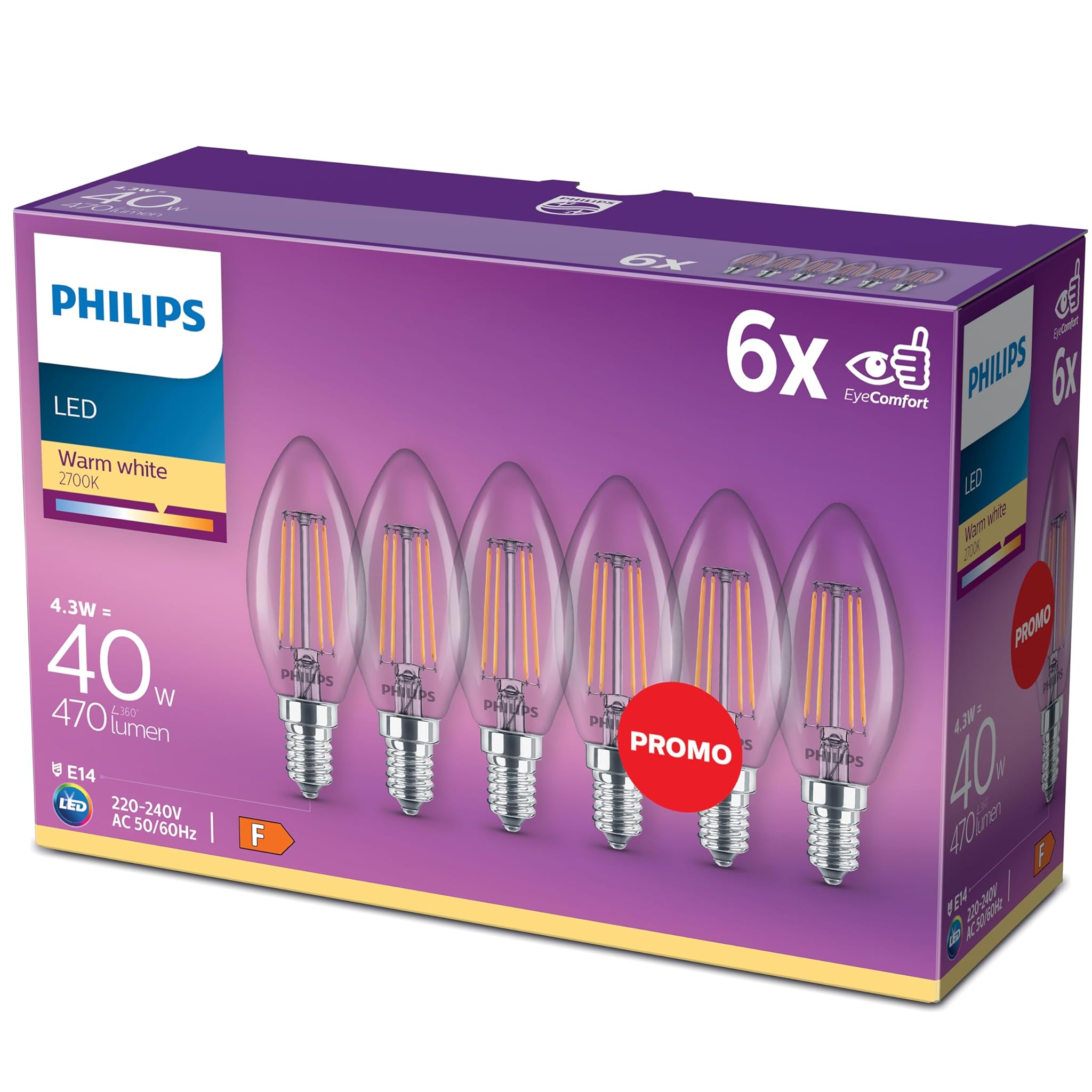 Philips LED Lampadina Oliva Filamento 40W E14, 6 pz