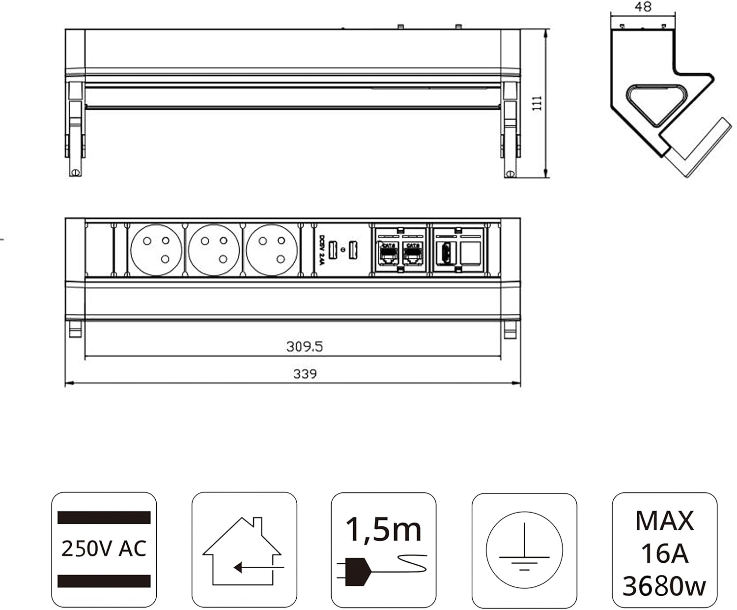 Bloc Prise de Bureau EL4103URH-FR 3 Prese 2 USB - immagine 2