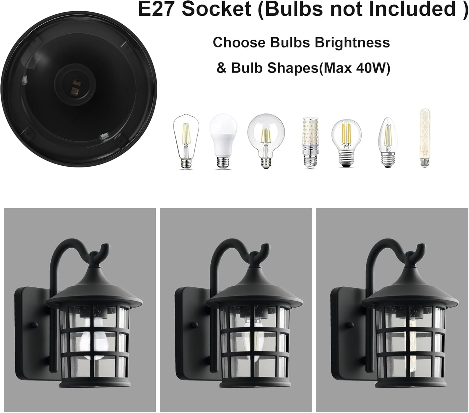 Applique da Esterno Vintage LED E27, Nero - immagine 4