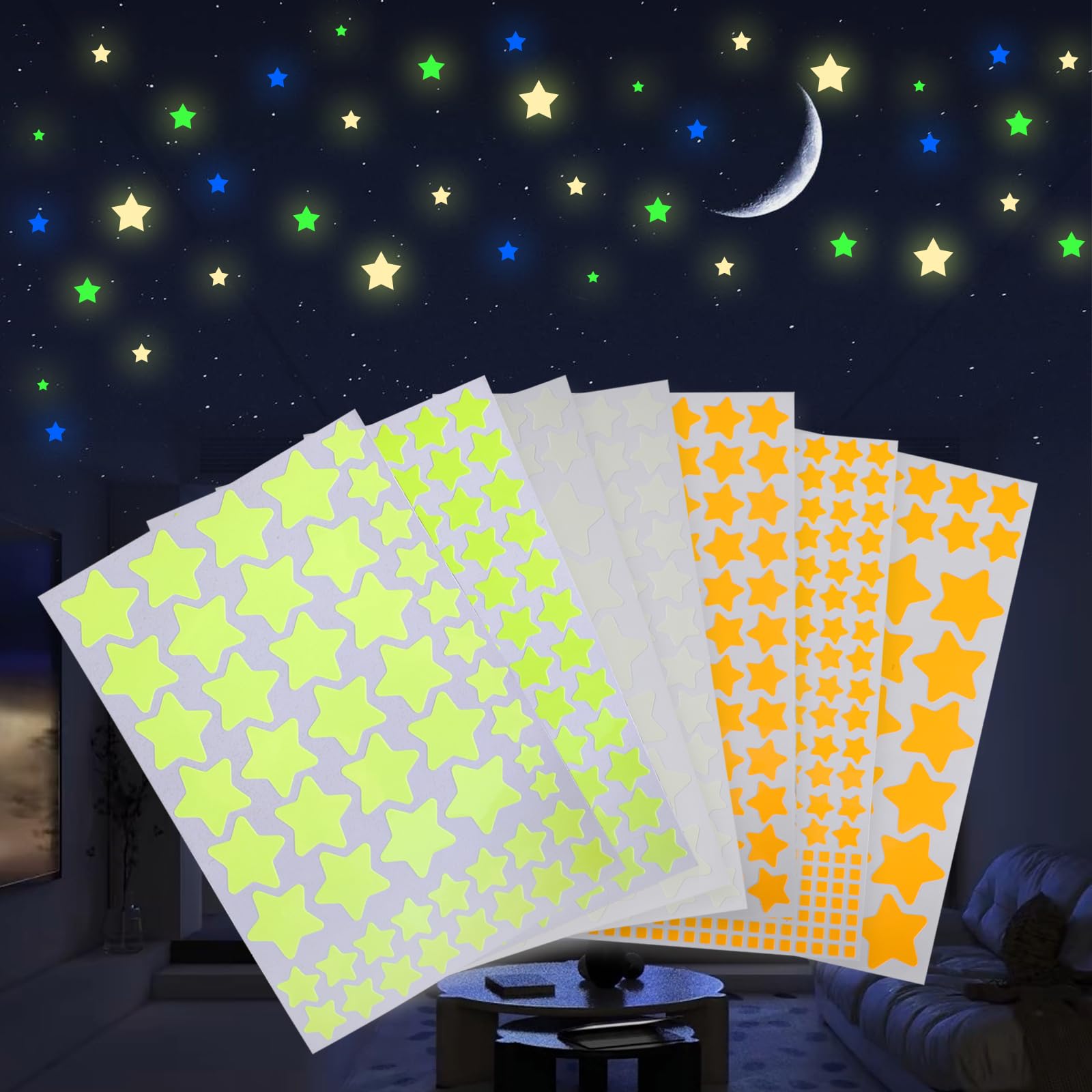 Stelle luminose cameretta – 740 adesivi murali bambini a forma di stella – adesivi parete bambini fluorescenti– decorazioni cameretta con stelle che brillano al buio