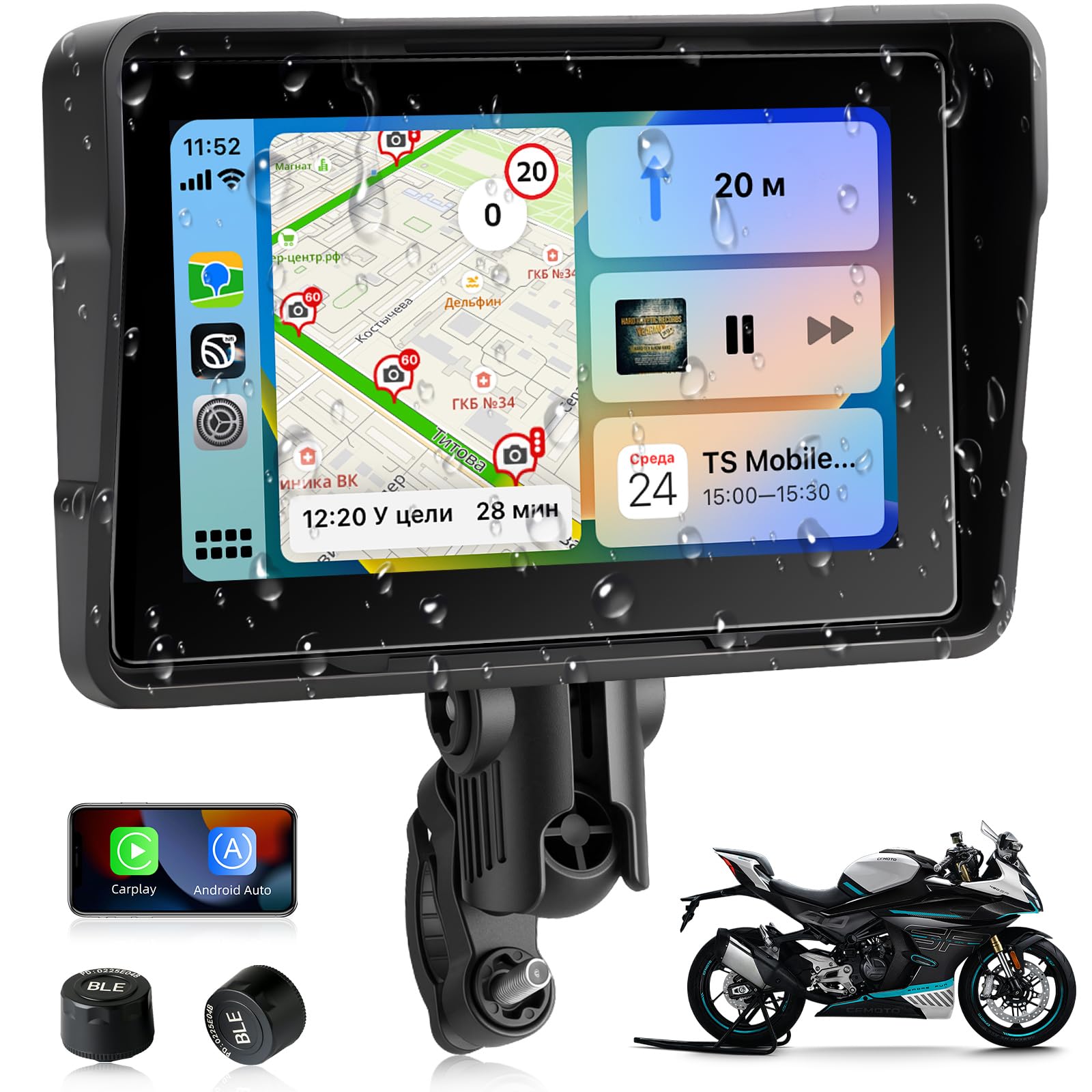 Jansite Schermo Carplay Moto Android Auto con TPMS Sistema, 5 Pollici Navigatore Moto,Bluetooth,Impermeabile IP67,Siri/GoOgle Assistant