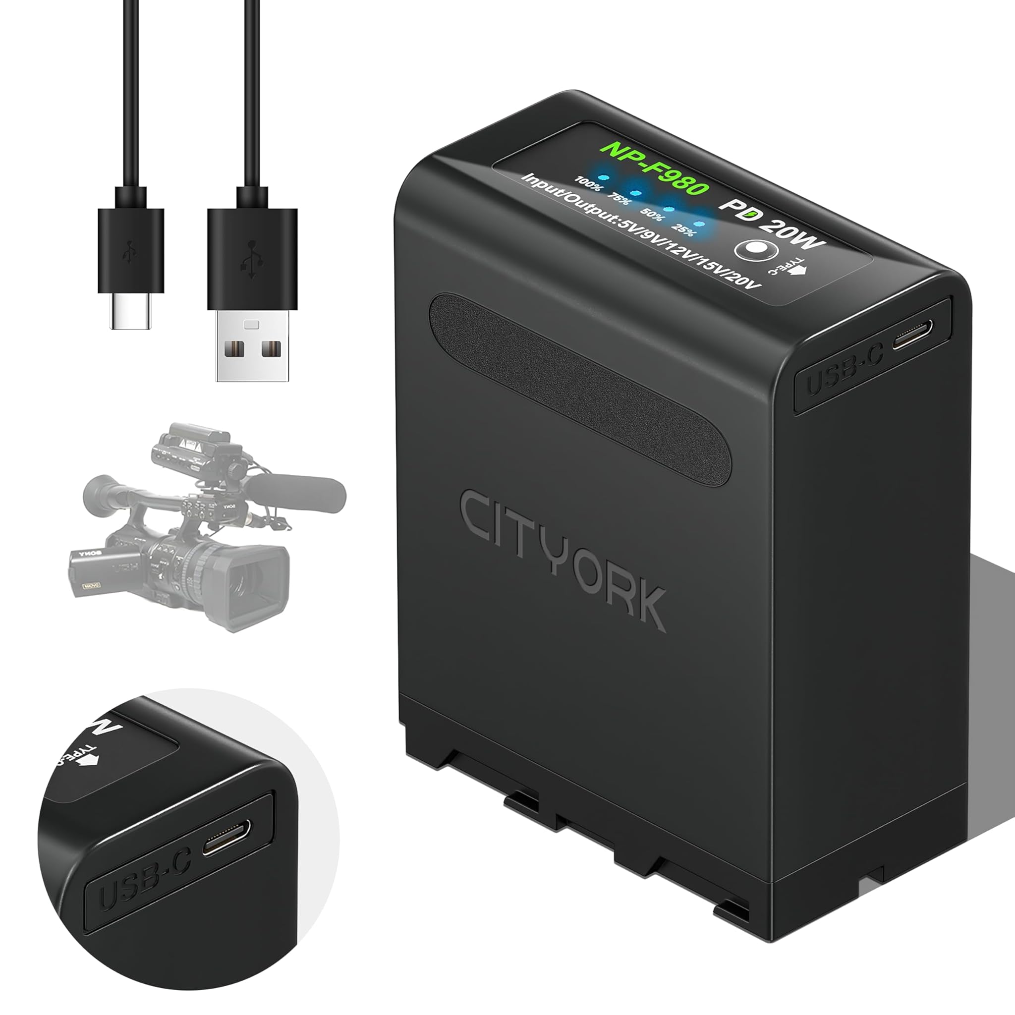 Cityork NP-F980 - Batteria 10800mAh PD 20W/Tipo-C