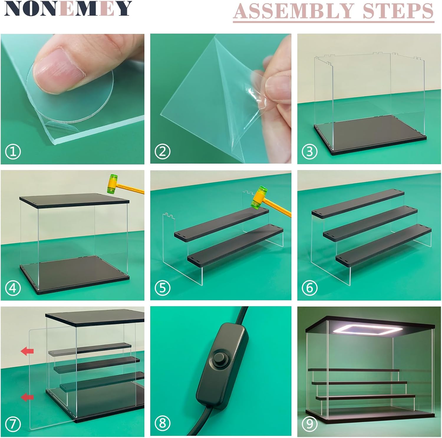 Nonemey Vetrina Acrilico Trasparente con LED, Nero - immagine 2