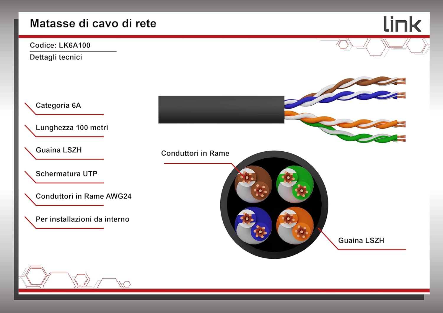 Link LK6A100BL - Matassa Cavo Rete Cat. 6A UTP 100m, Nero - immagine 8