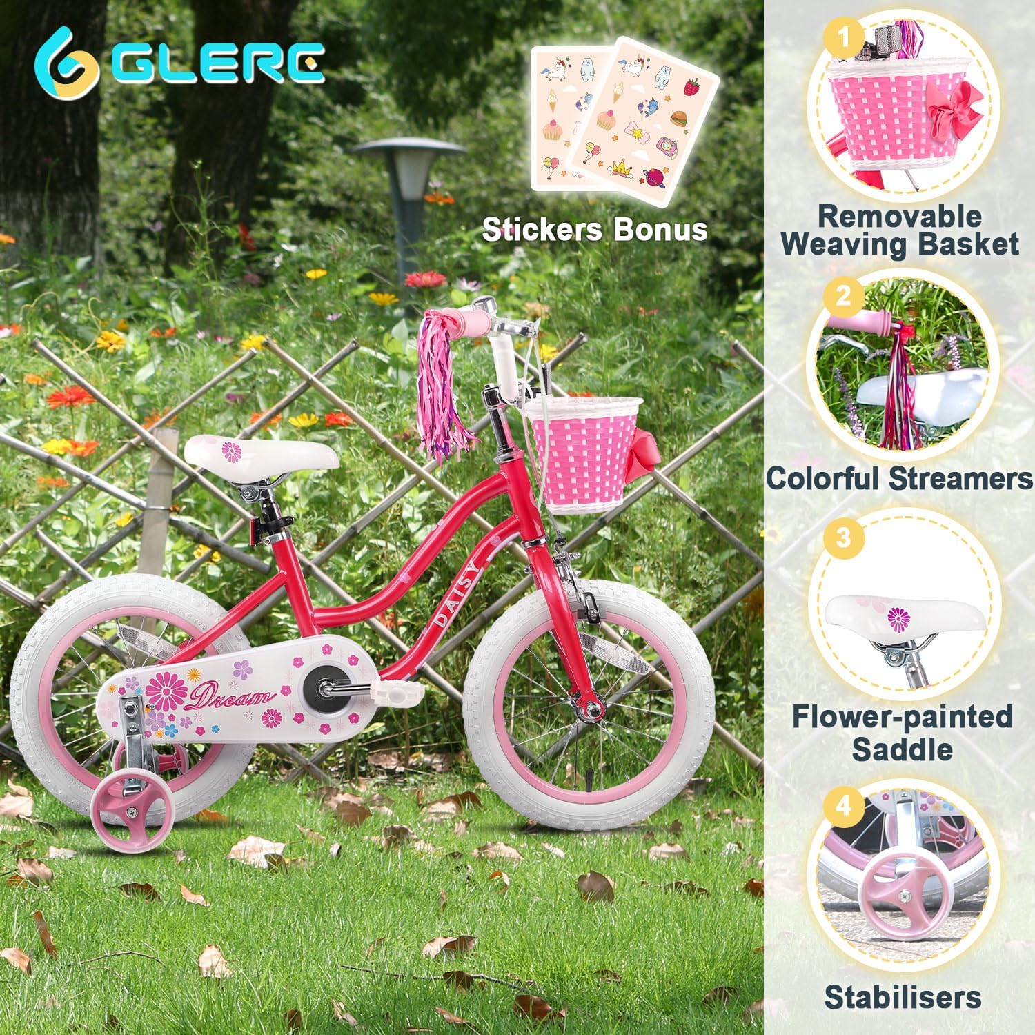 Glerc Daisy - Bicicletta Bambini 14 pollici, Rosso - immagine 2
