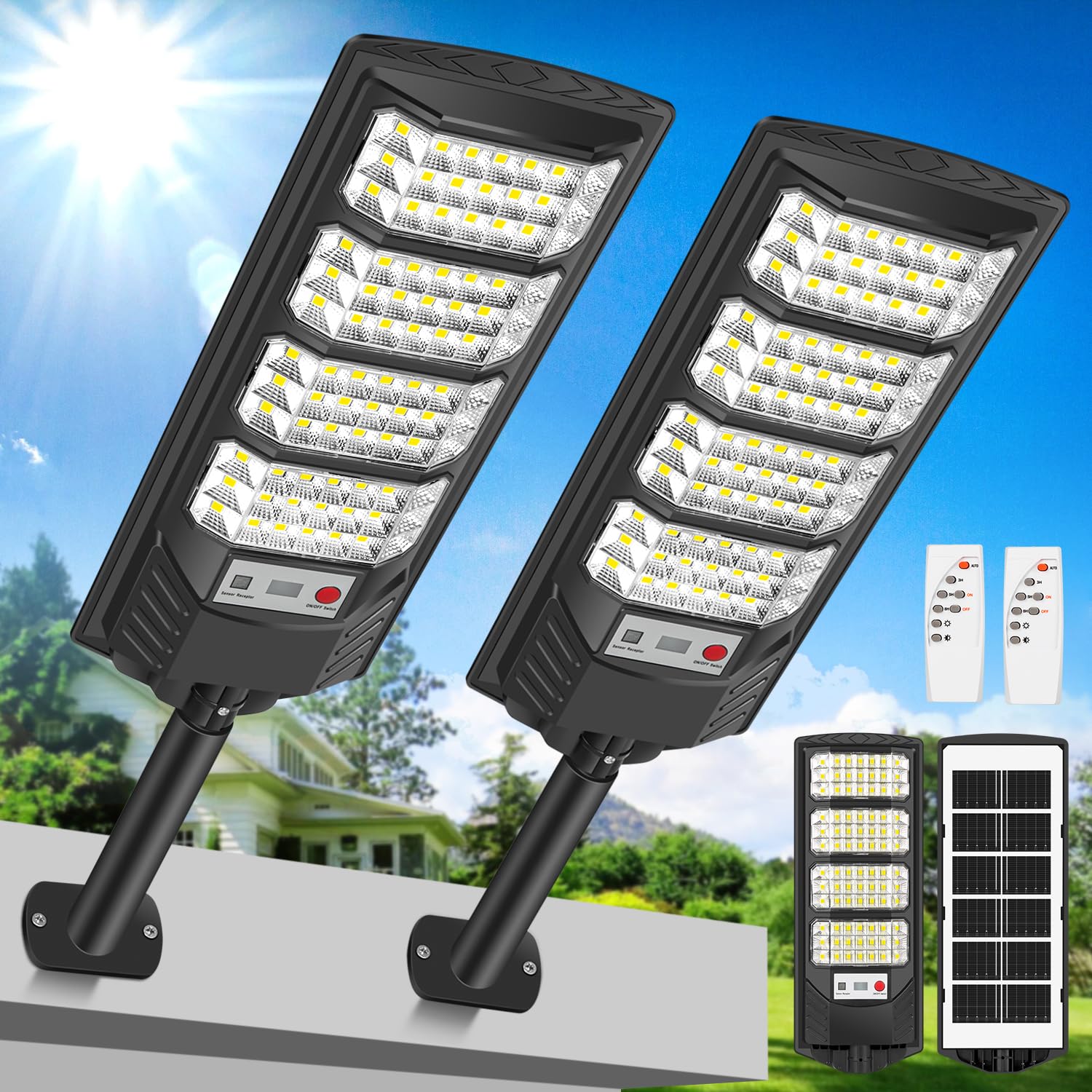 600W Lampione Solare LED Esterno, 6500K Lampioni da Giardino IP66 Impermeabile con Pannello Solare, Sensore di Movimento, Faro Stradale Esterno Luce Solari per Garage Strada (2 pezzi)