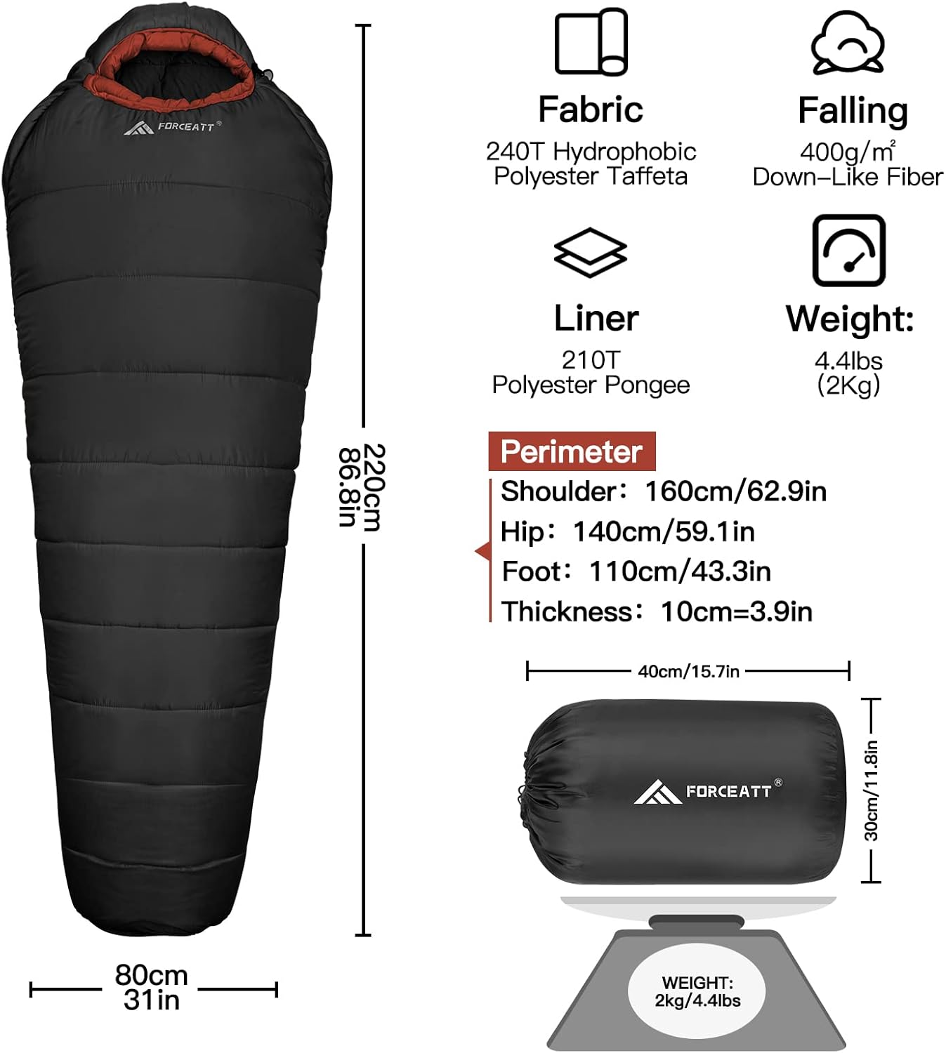 Forceatt Sacco a Pelo Mummia con Cappuccio 0℃-20℃ - immagine 2