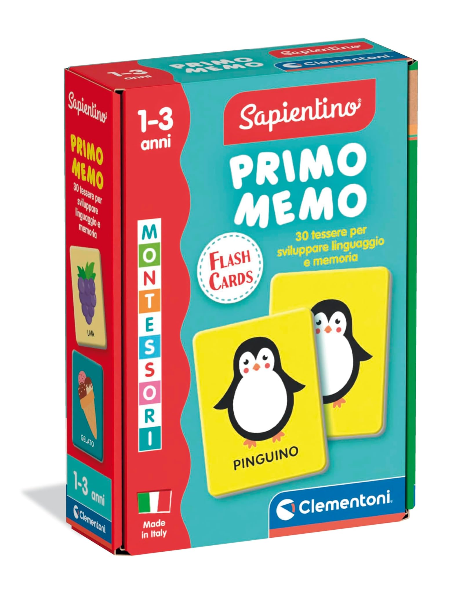 Clementoni Sapientino Baby Montessori - Carte Primo Memo, Gioco di Memoria Educativo Bambini 1-3 Anni, Carte Tattili per Sviluppare Linguaggio e Osservazione, Made in Italy, Lingua Italiana, 16830