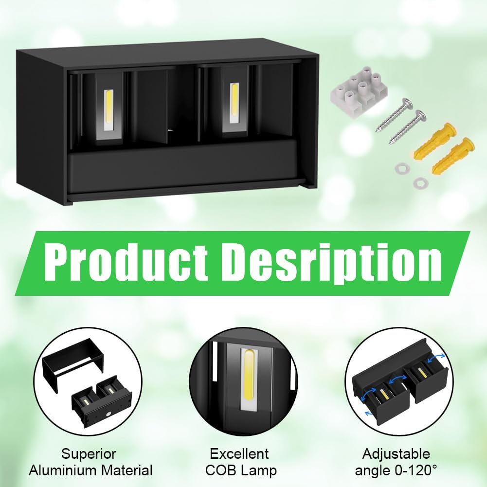 Klighten lampade da parete 24W Esterno/Interno Moderno, lampada da esterno Bianco Caldo 4000K Applique da Parete, IP65 Impermeabile, Angolo del Fascio Regolabile Applique(Nero) - immagine 3