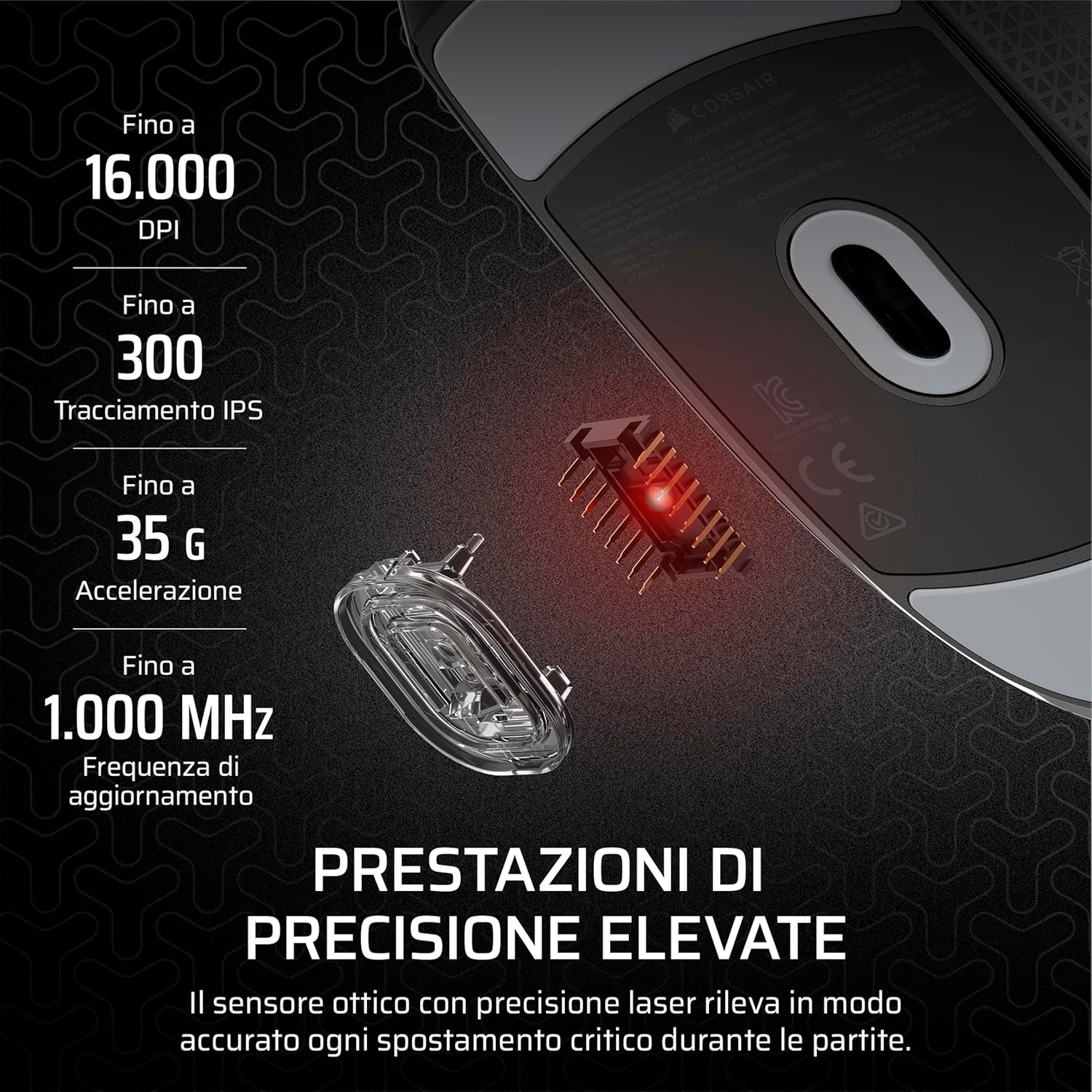 Corsair M55 Mouse da Gioco FPS Cablato 16.000 DPI, Nero - immagine 4