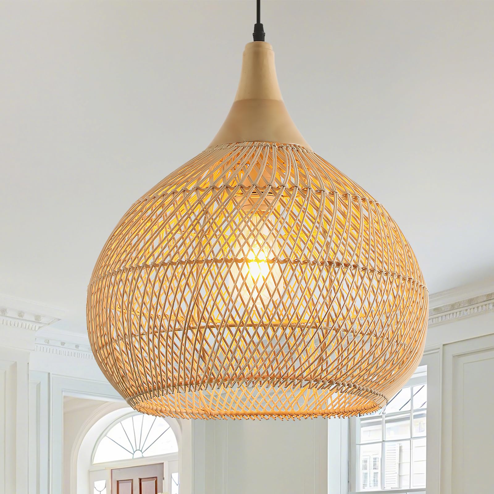 Schindora Lampadario Rattan e Legno Naturale E27