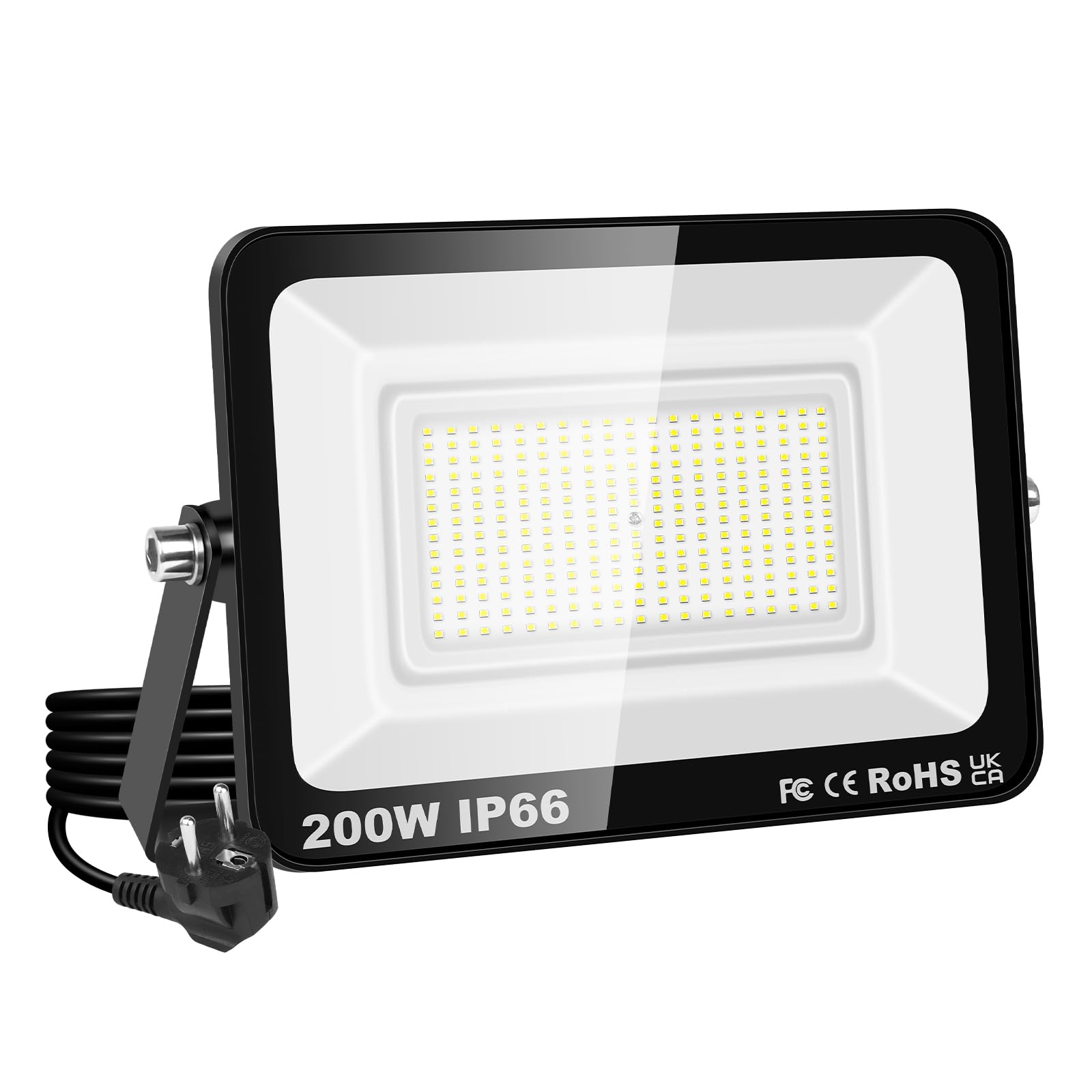 RIGIDON Faretto LED da Esterno con Spina, 1x 200W 20000LM Fari di Sicurezza, Proiettore Led, Faretti lampada Per Giardino Cortile Garage Parete Officina Patio, IP66 Impermeabile 6000K Bianco Freddo