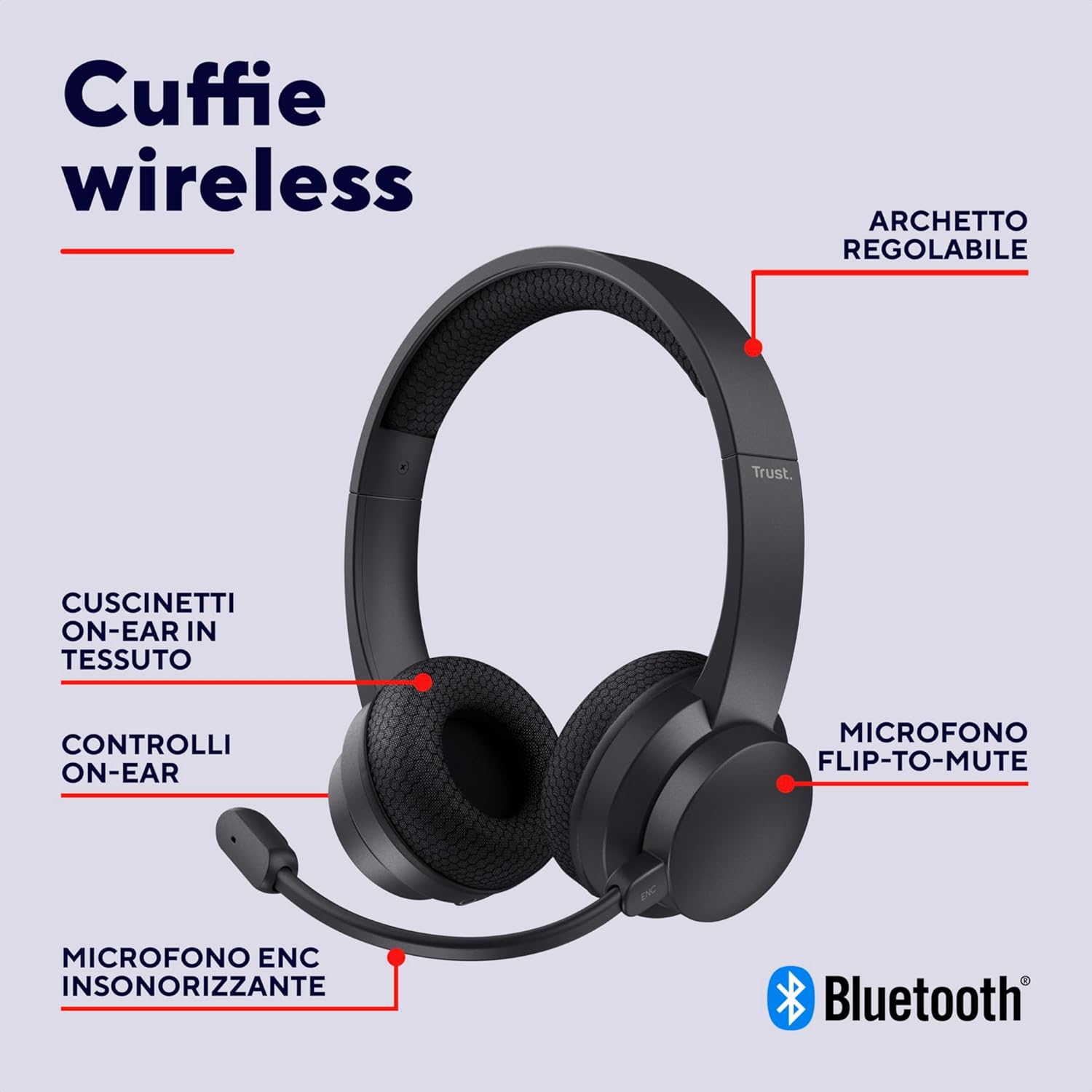 Trust Roha II Cuffie Wireless Bluetooth con Microfono ENC, Nero - immagine 2