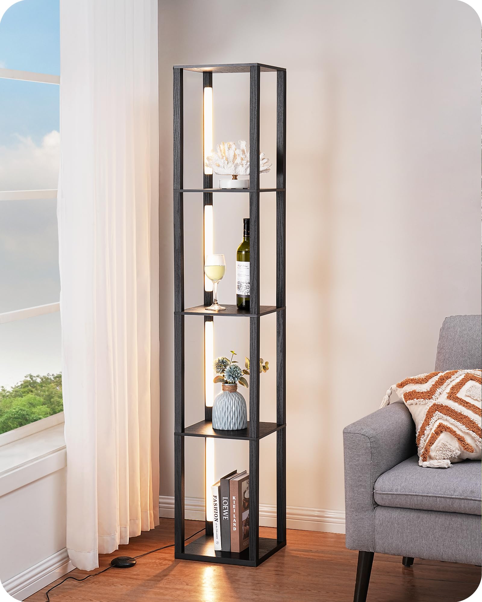 EDISHINE Lampada da Terra con Ripiani in Legno, Nera