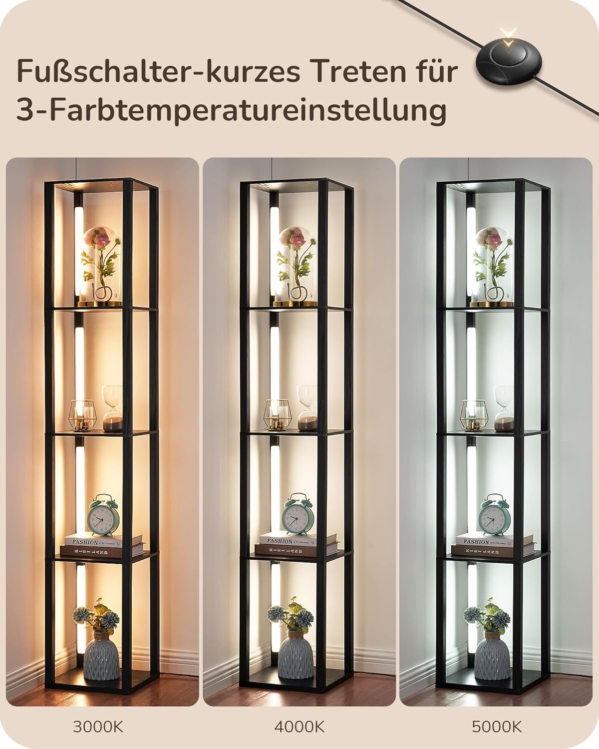 EDISHINE Lampada da Terra con Ripiani in Legno, Nera - immagine 3