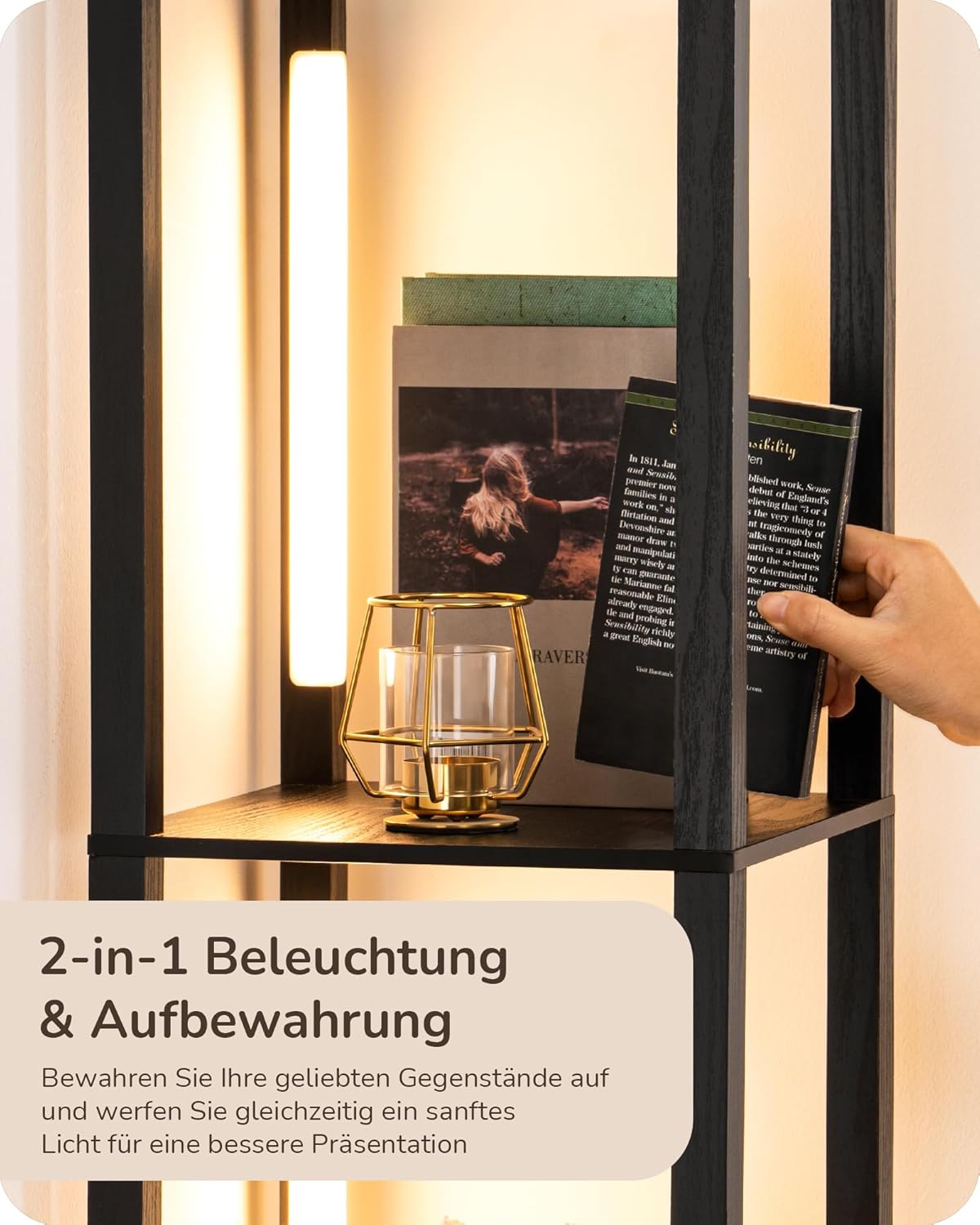 EDISHINE Lampada da Terra con Ripiani in Legno, Nera - immagine 4